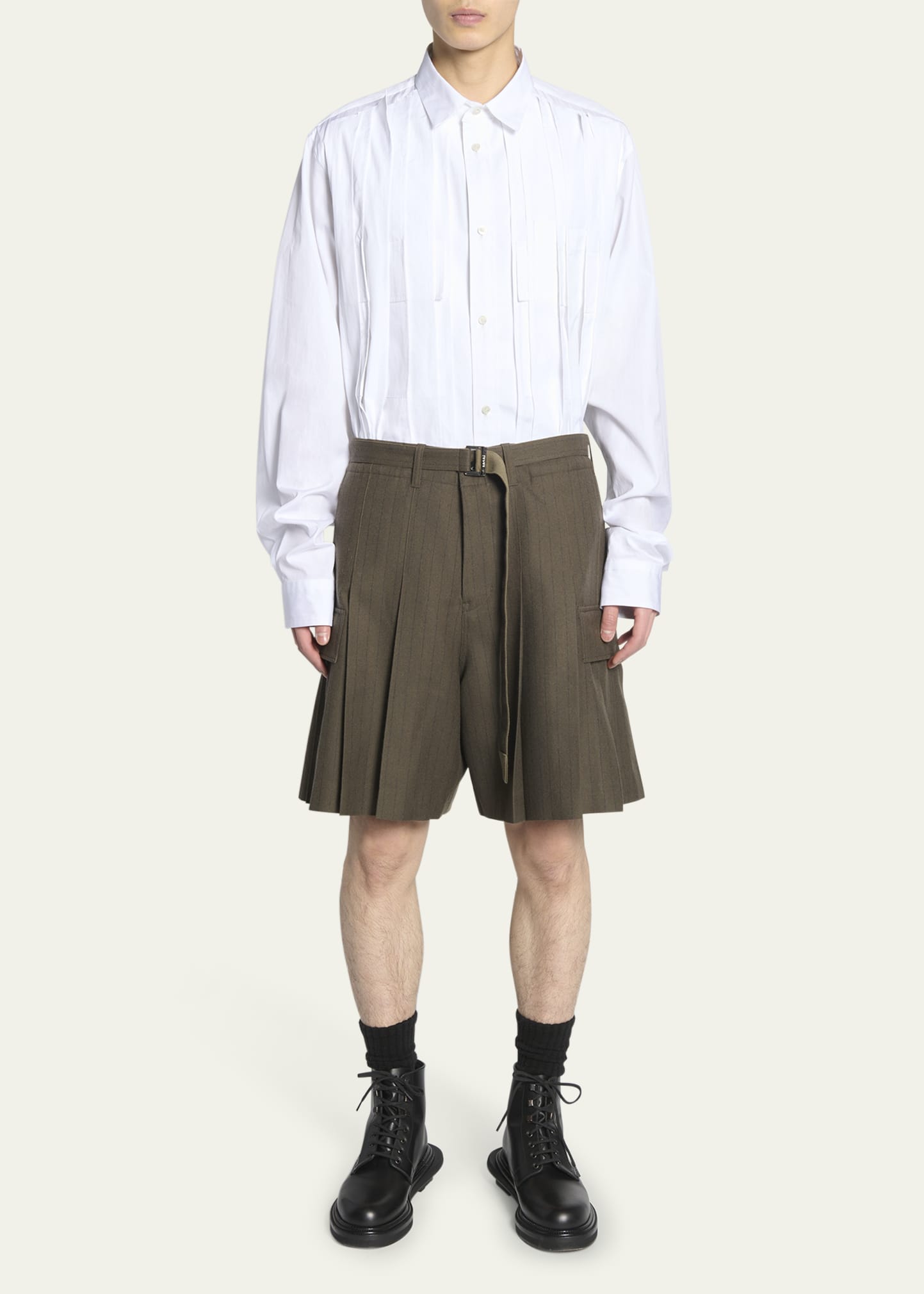 SACAI Men's Pleated Khaki Pinstripe Shorts - Bergdorf Goodman