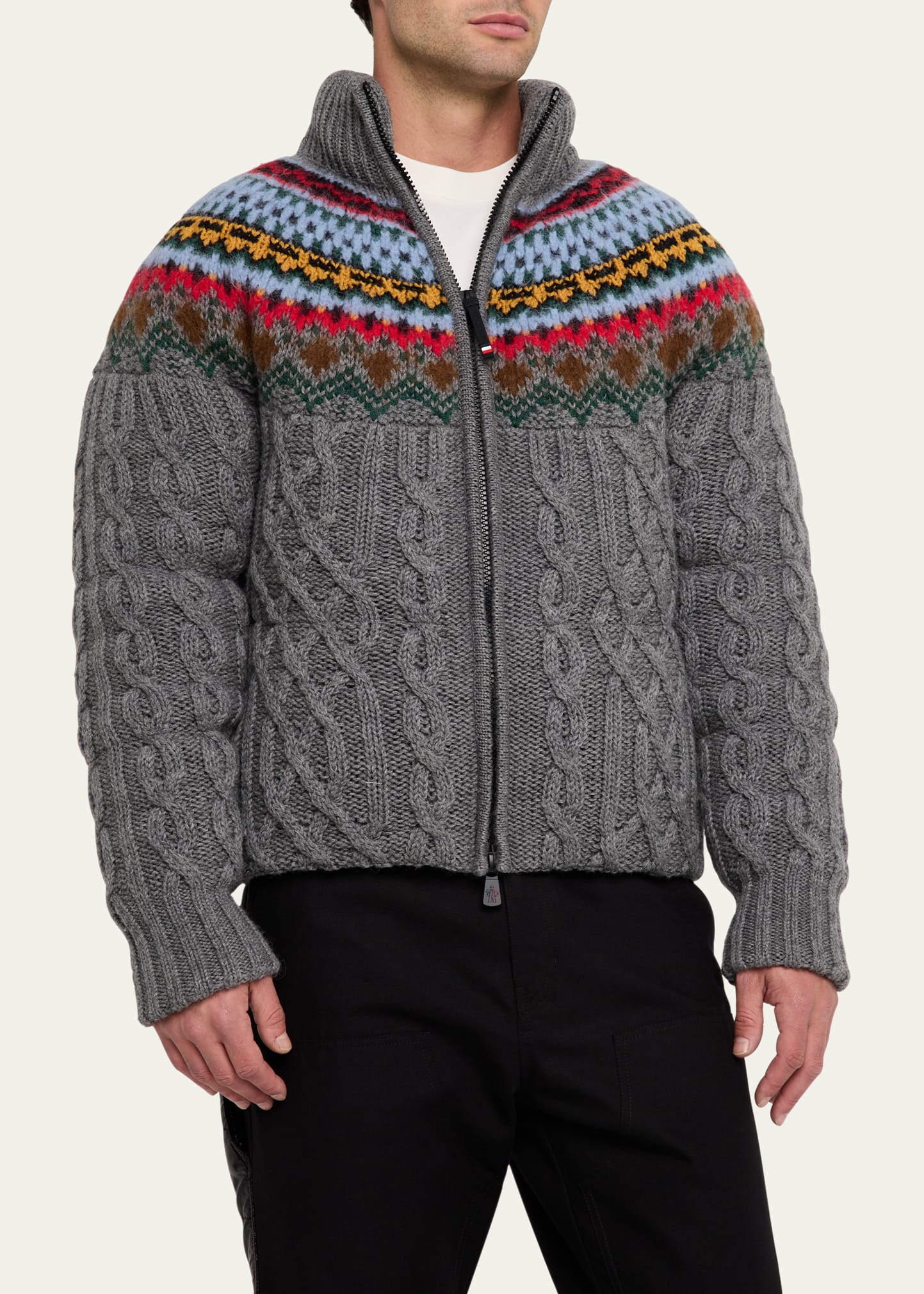 Moncler Grenoble Men's Padded Wool Cable-Knit Zip-Up Sweater