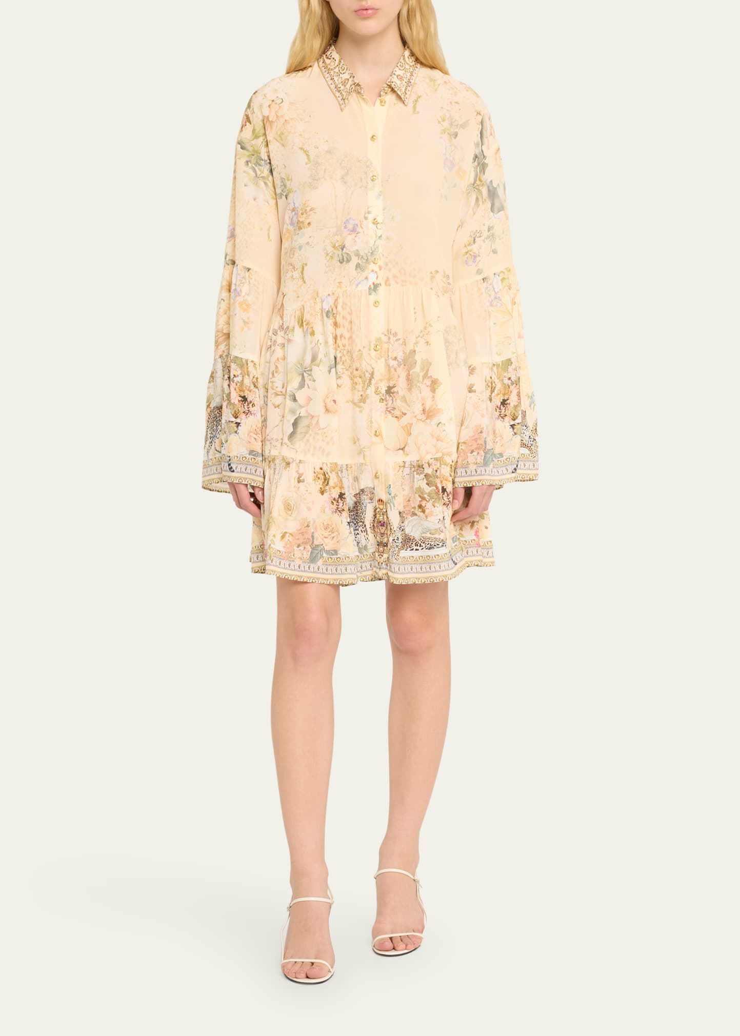 Camilla Tiered Silk Mini Shirtdress with Collar - Bergdorf Goodman