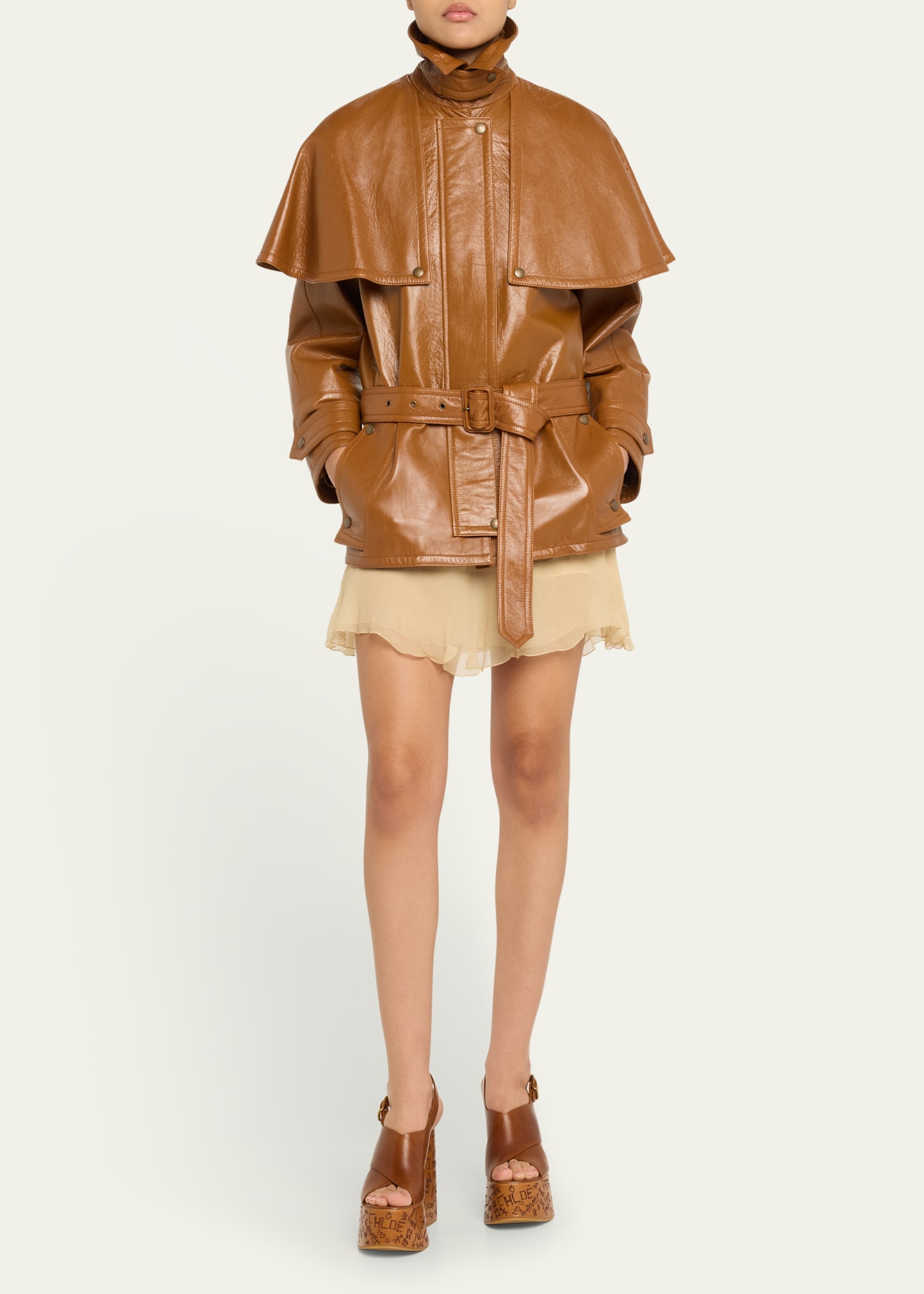 Chloe Short Belted Leather Cape Trench Coat - Bergdorf Goodman