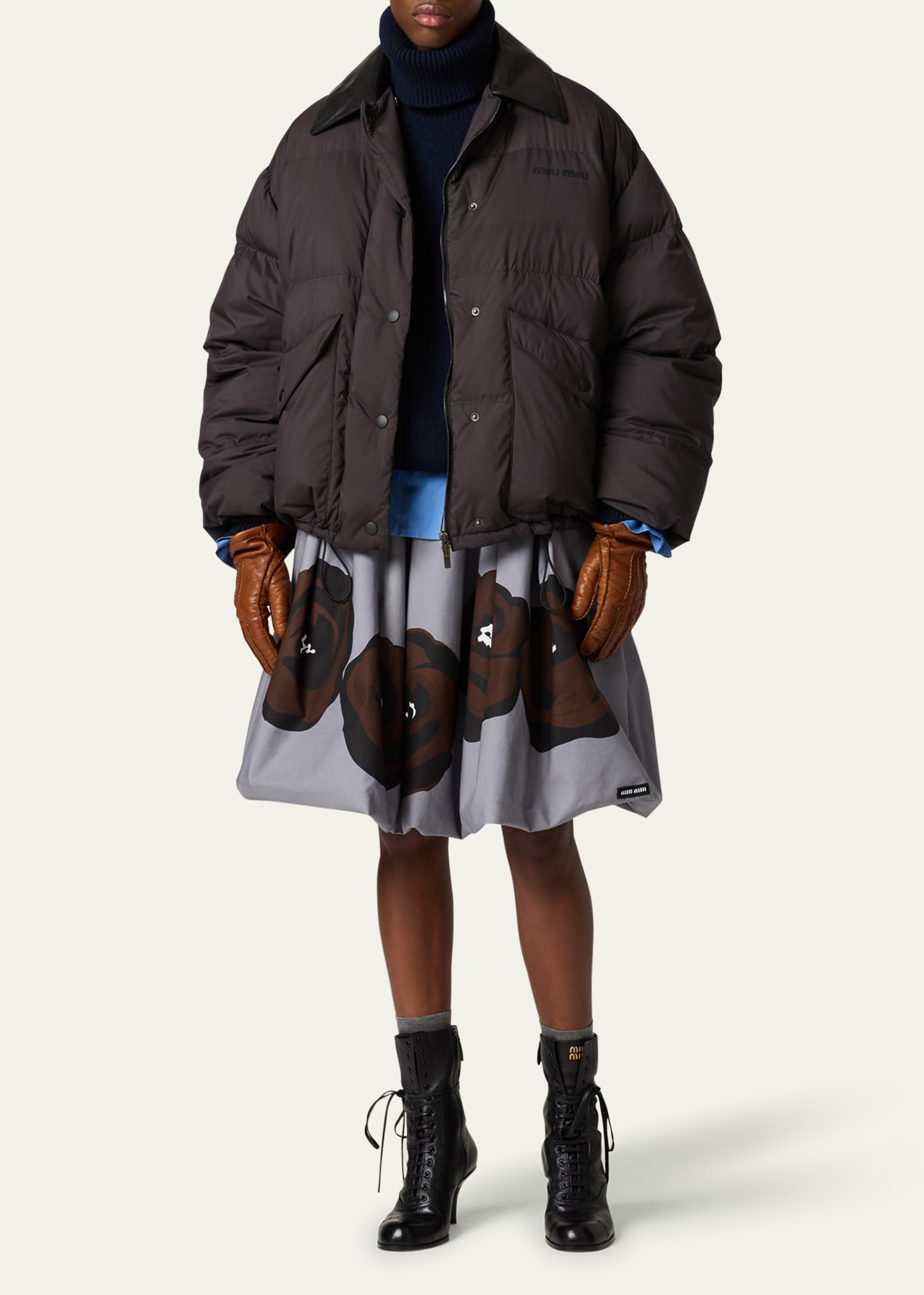 Miu Miu Printed Logo Leather Collar Oversized Down Jacket