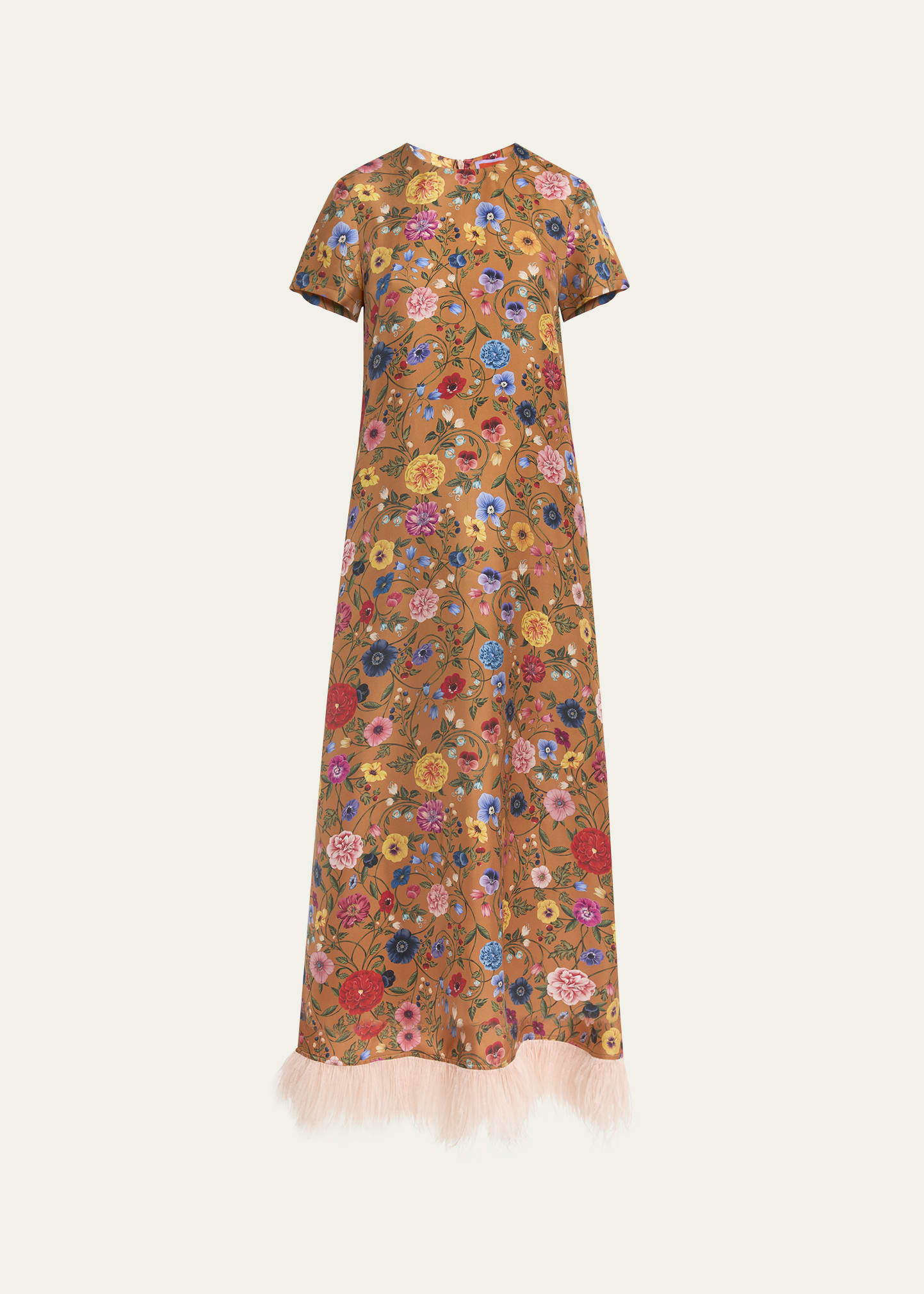 La DoubleJ Floral-Print Feather-Trim Maxi Swing Dress - Bergdorf