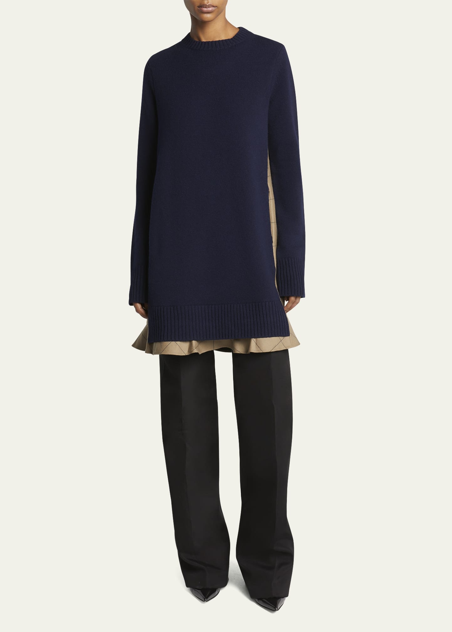 SACAI Long-Sleeve Knit Mini Dress with Windowpane Print Underlay