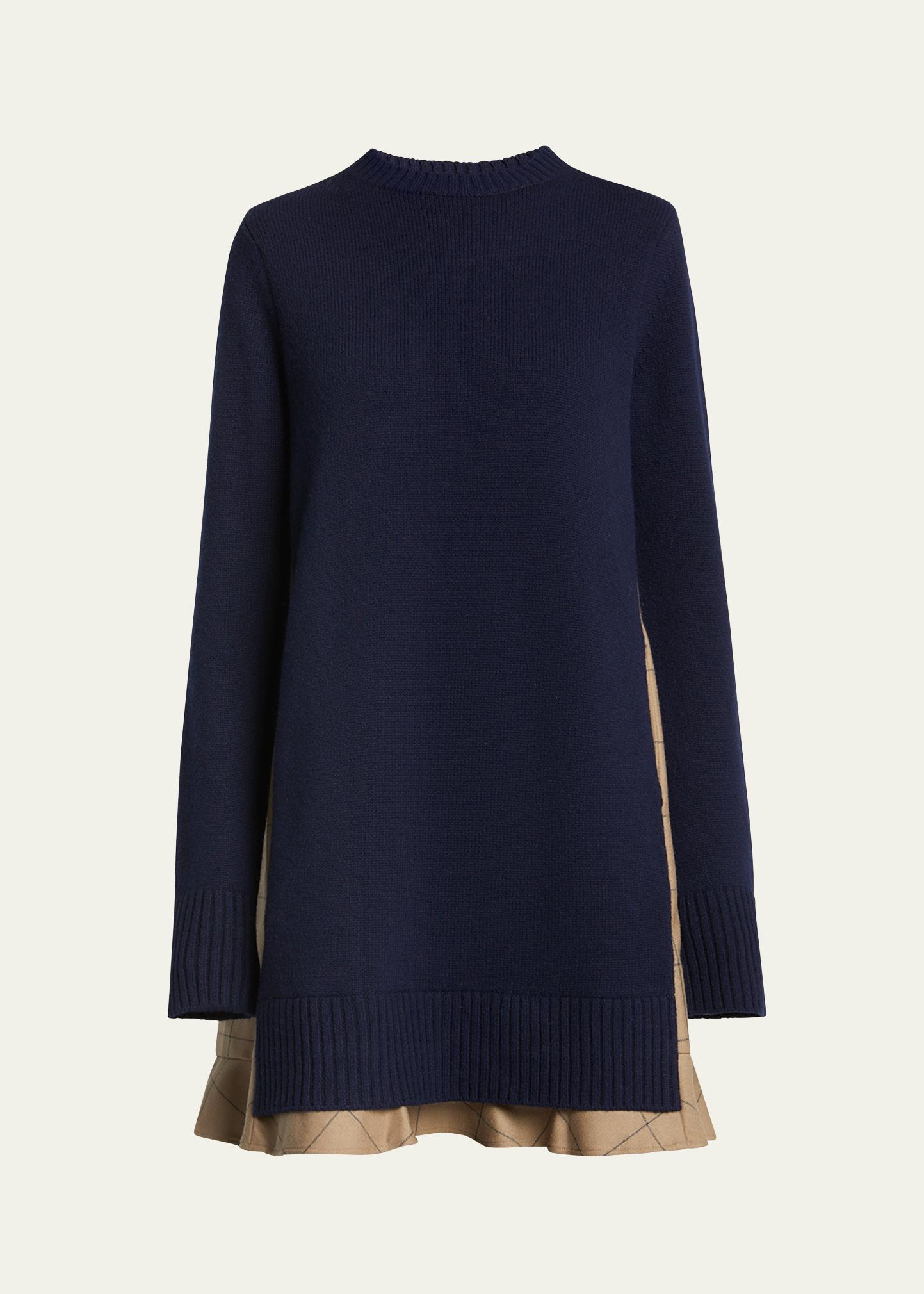 sacai Long-Sleeve Knit Mini Dress with Windowpane Print Underlay 