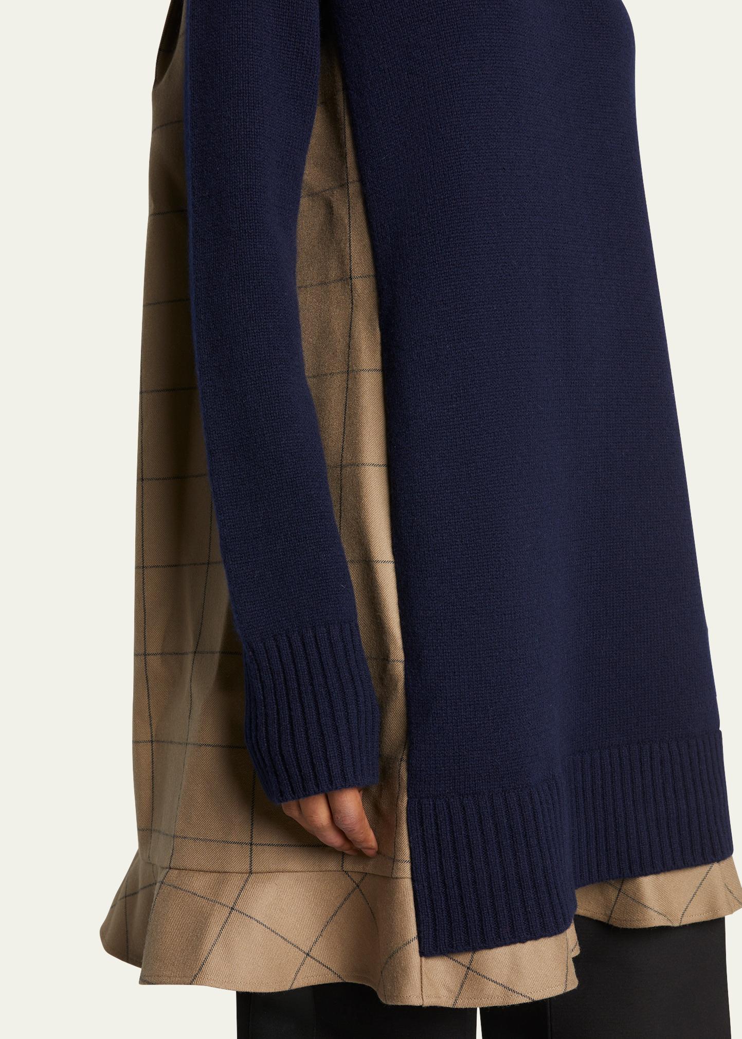 sacai Long-Sleeve Knit Mini Dress with Windowpane Print Underlay 
