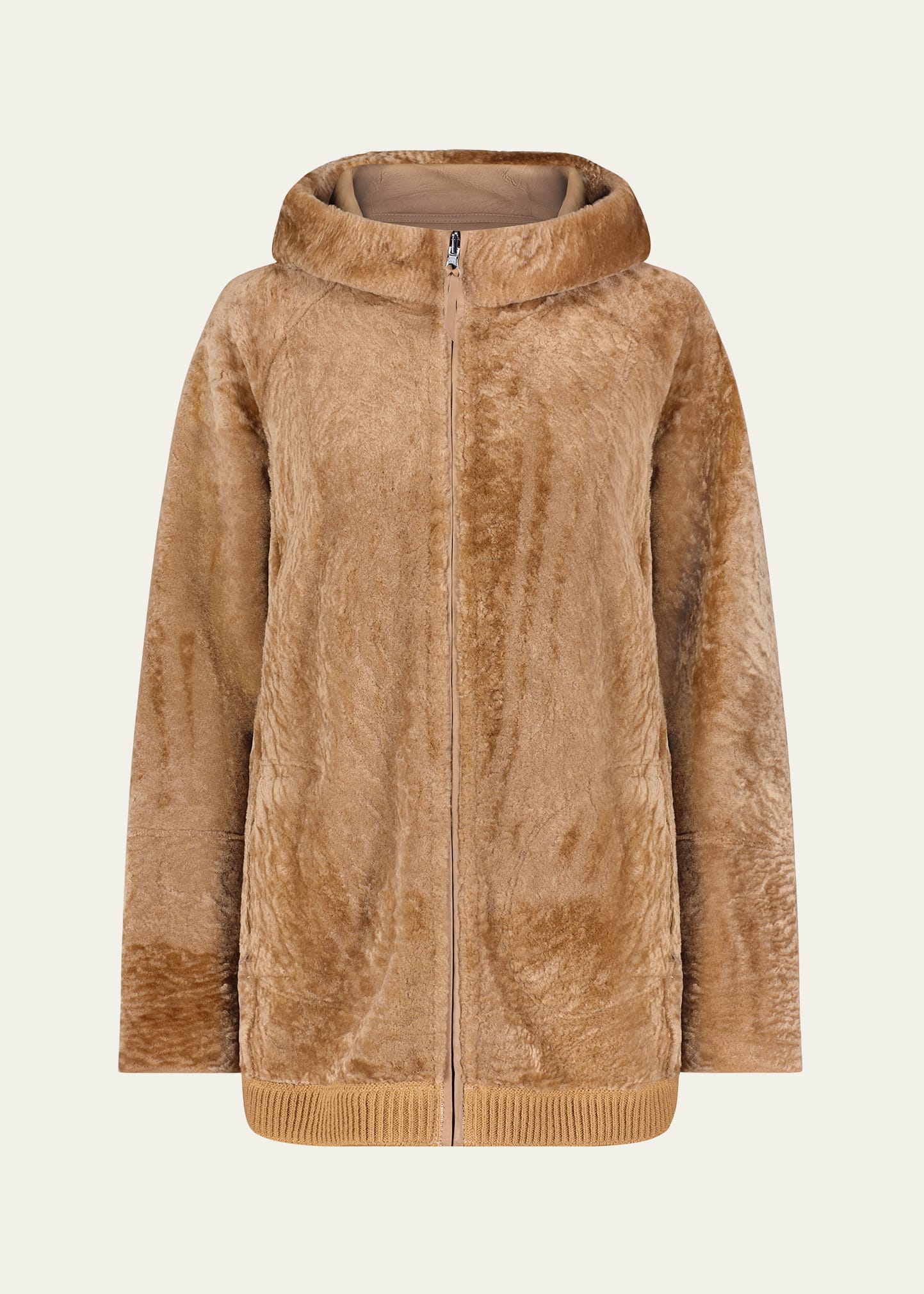 Gorski Reversible Textured Shearling Lamb Zip Hooded Jacket