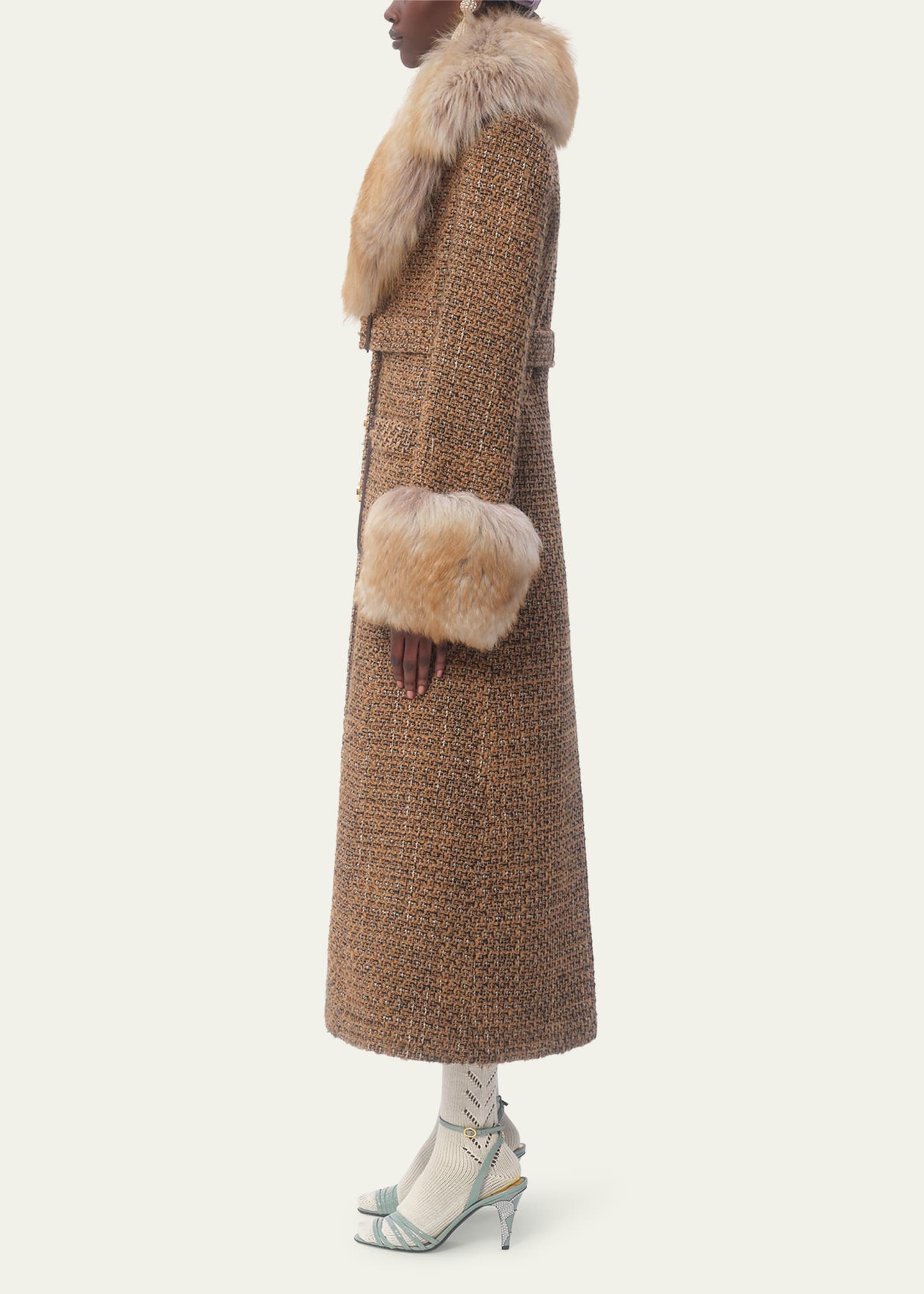 Valentino Garavani Faux Fur Trimmed Tweed Belted Coat