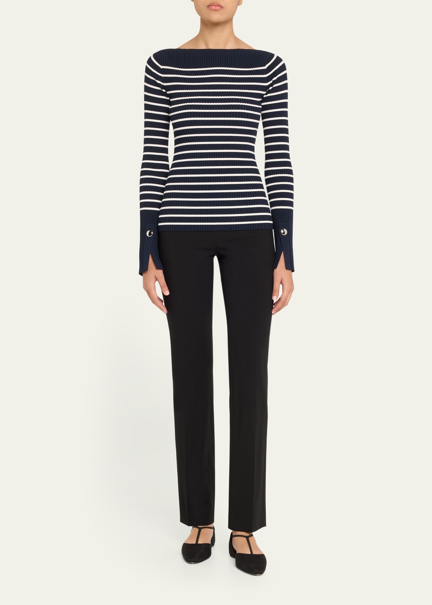 Anya Ribbed Stripe Boat-Neck Top