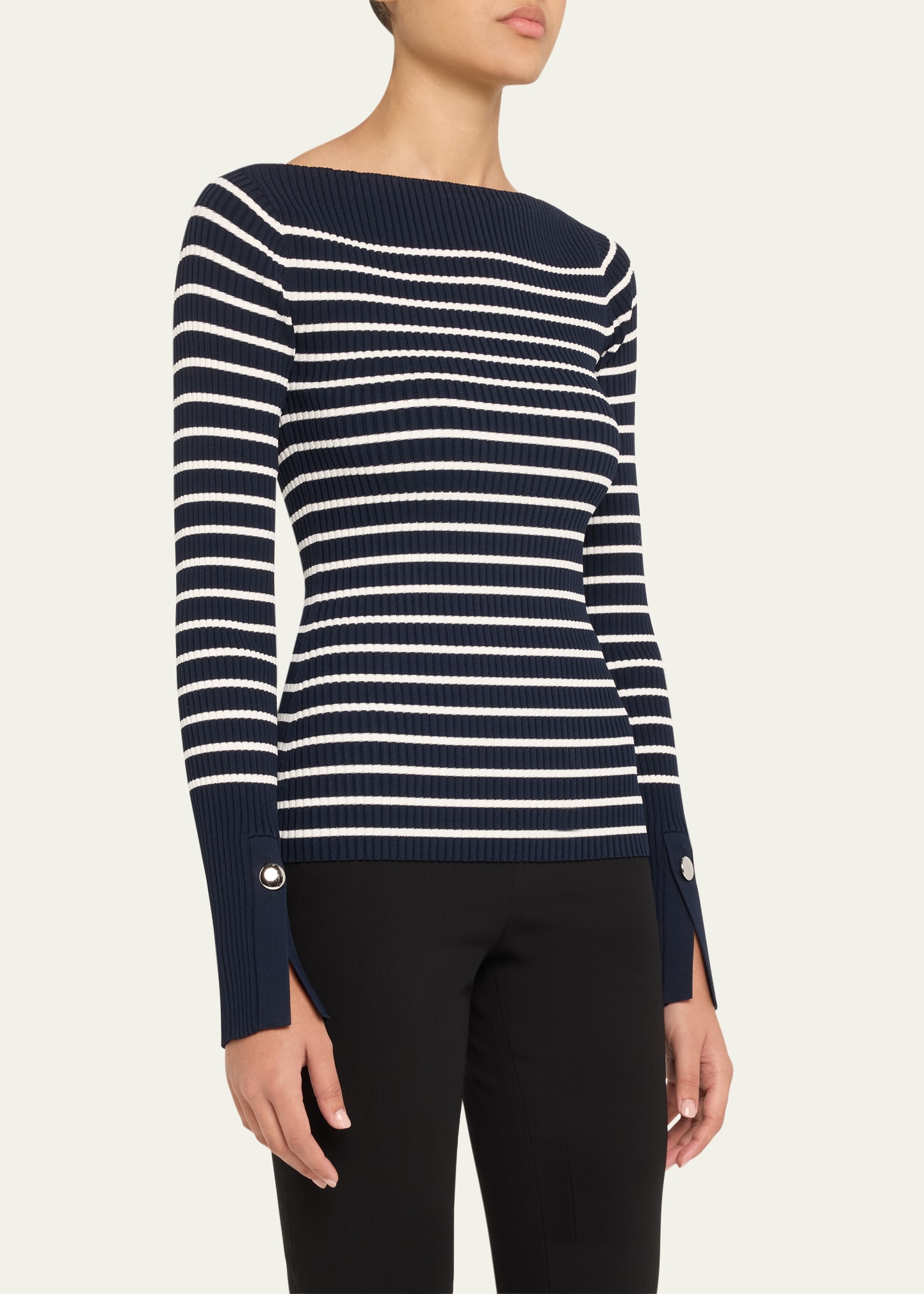 Anya Ribbed Stripe Boat-Neck Top