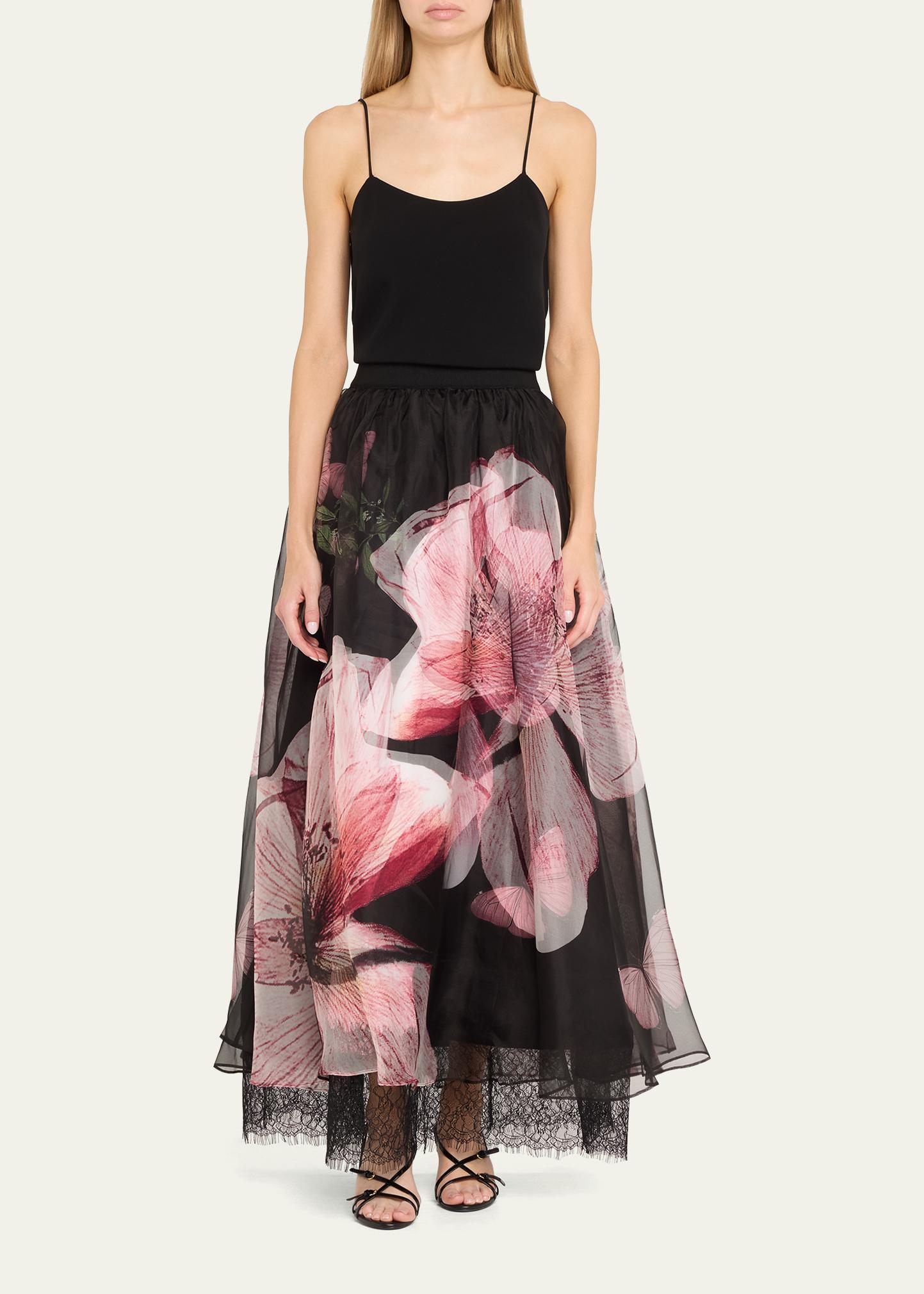 ALICE + OLIVIA Luna Floral Nilda Voluminous Lace-Trim Maxi Skirt