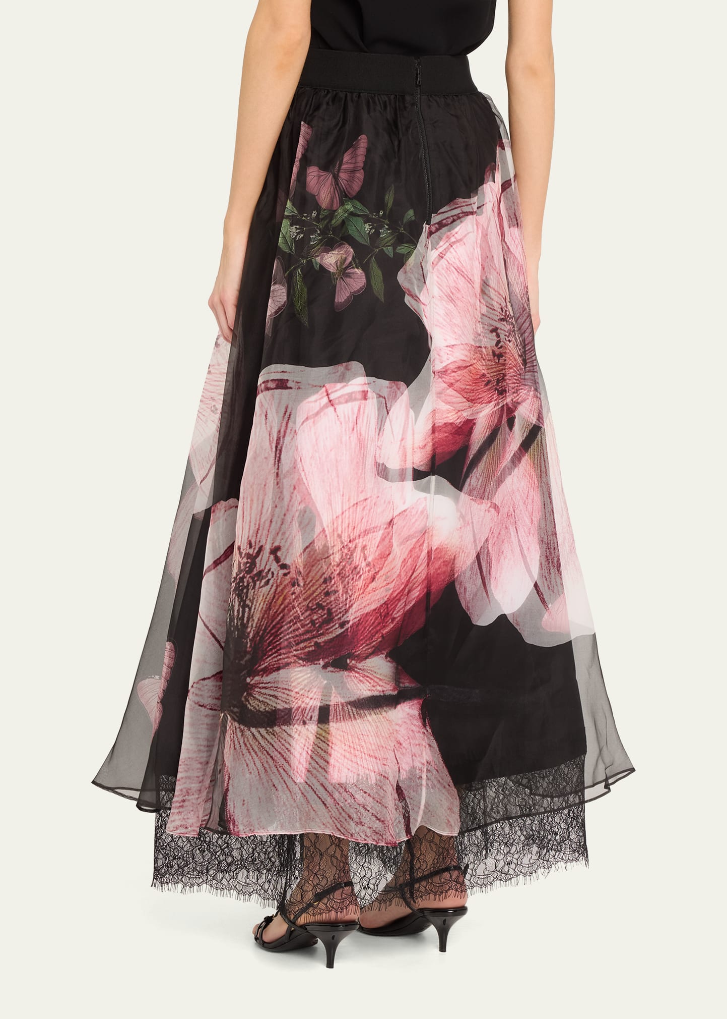 ALICE + OLIVIA Luna Floral Nilda Voluminous Lace-Trim Maxi Skirt