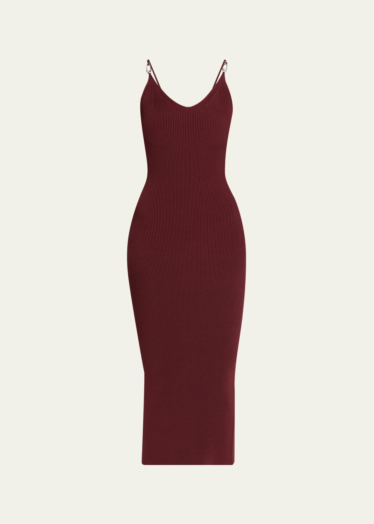 Versace Safety-Pin Straps Rib Knit Midi Dress, Burgundy, Women's, 4, Casual & Work Dresses Knit Dresses