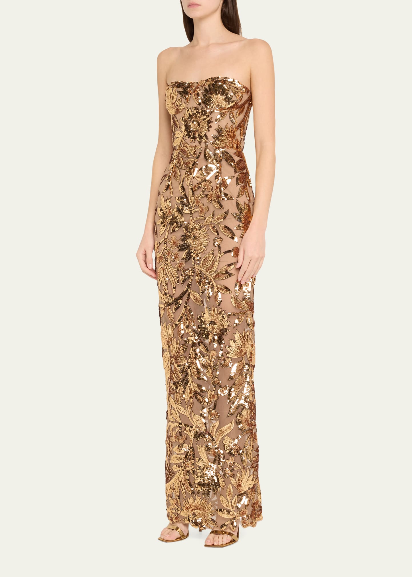 dahlia strapless floral sequin column gown