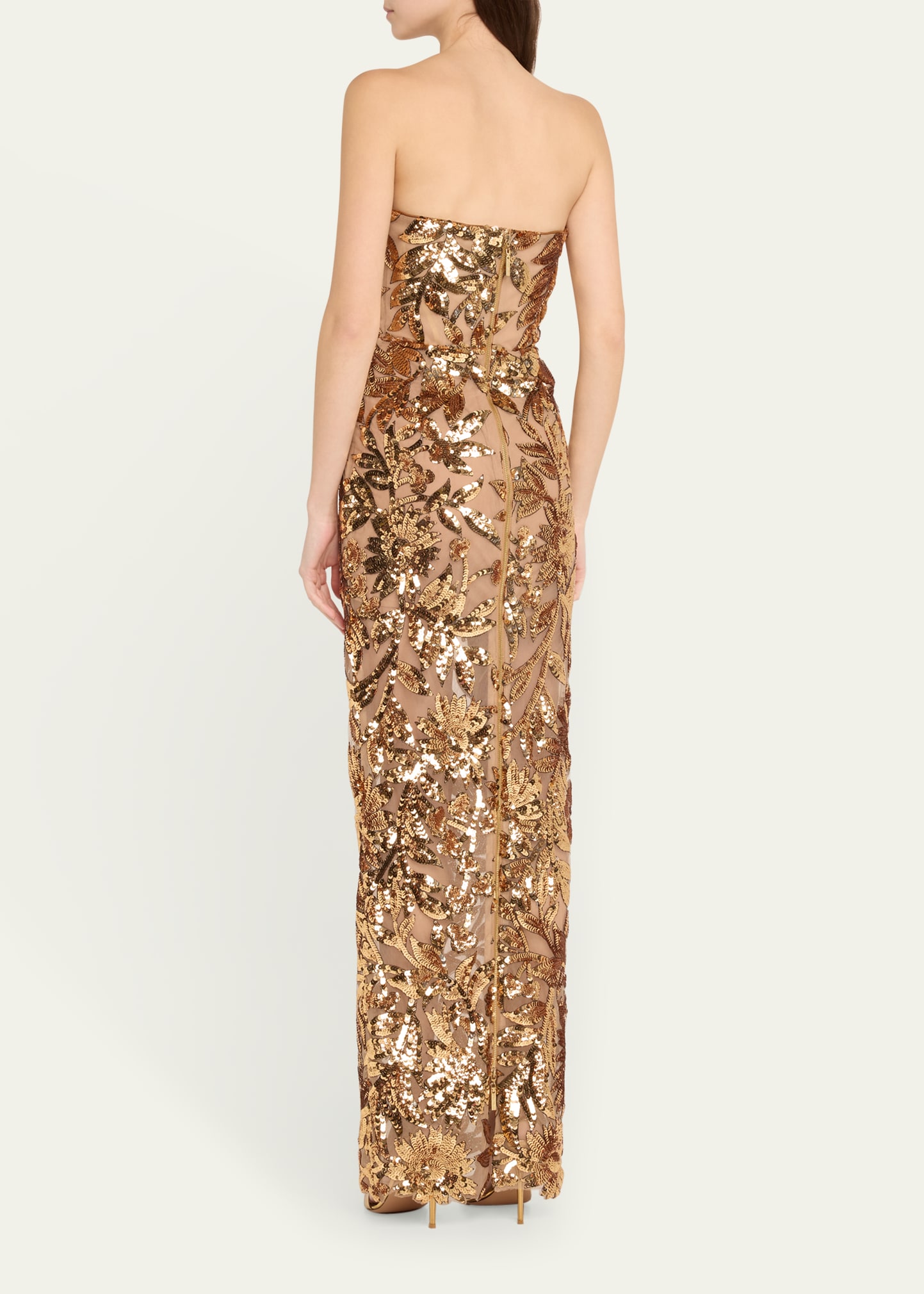 dahlia strapless floral sequin column gown