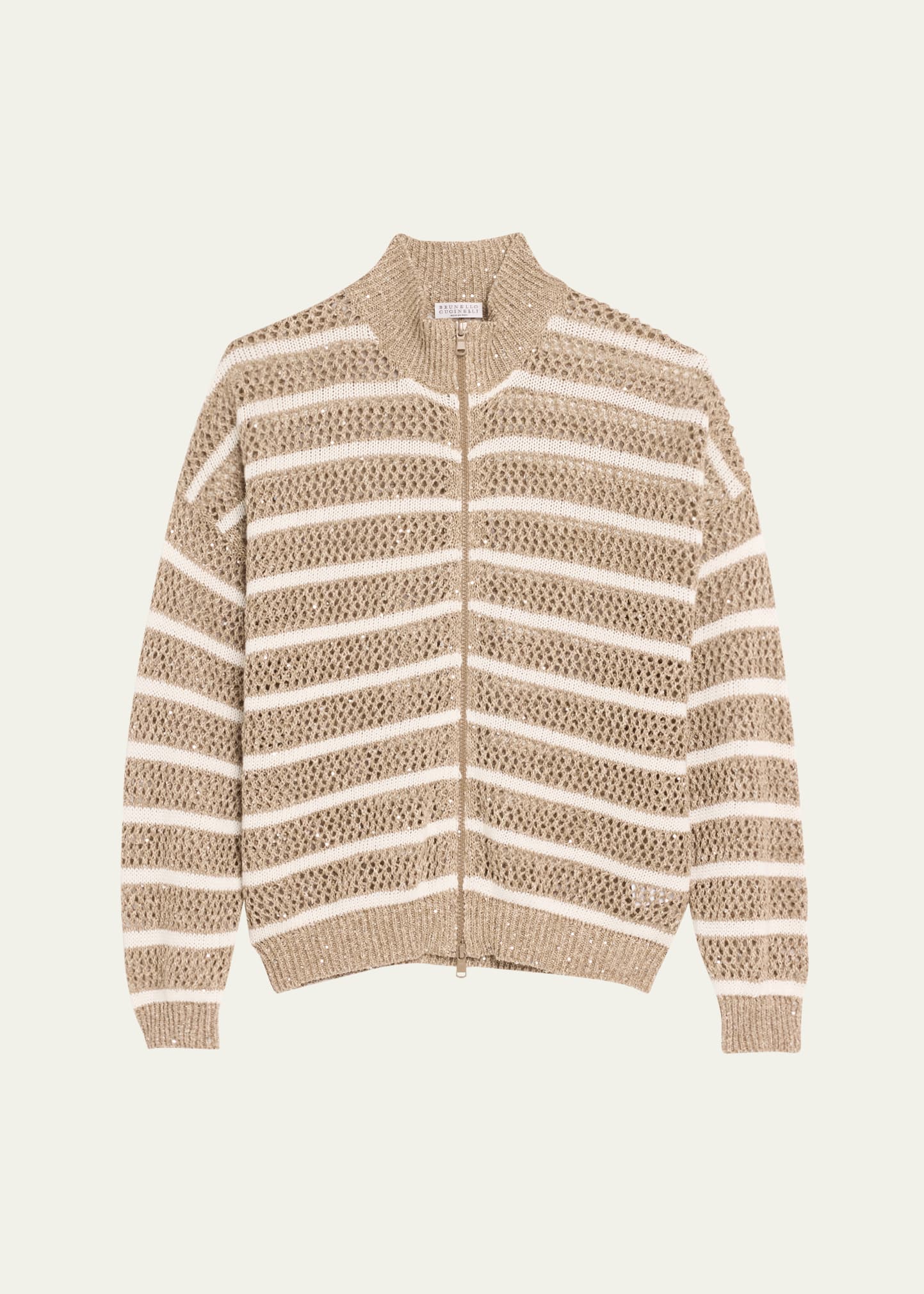 Brunello Cucinelli Linen French Riveria Paillette Knit Zip-Up