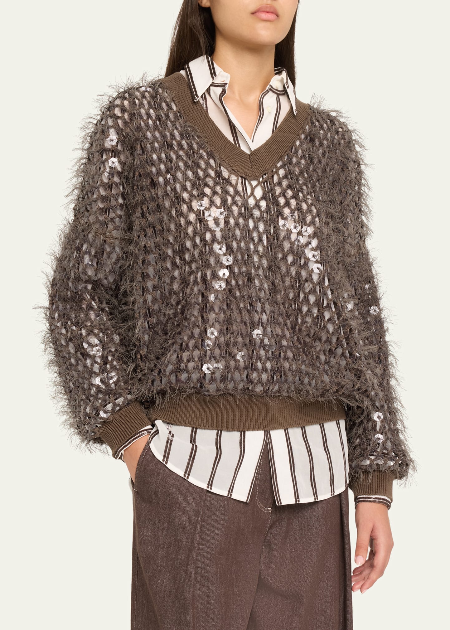 Brunello Cucinelli Fringe Mosaic Yarn Net Embroidered V-Neck