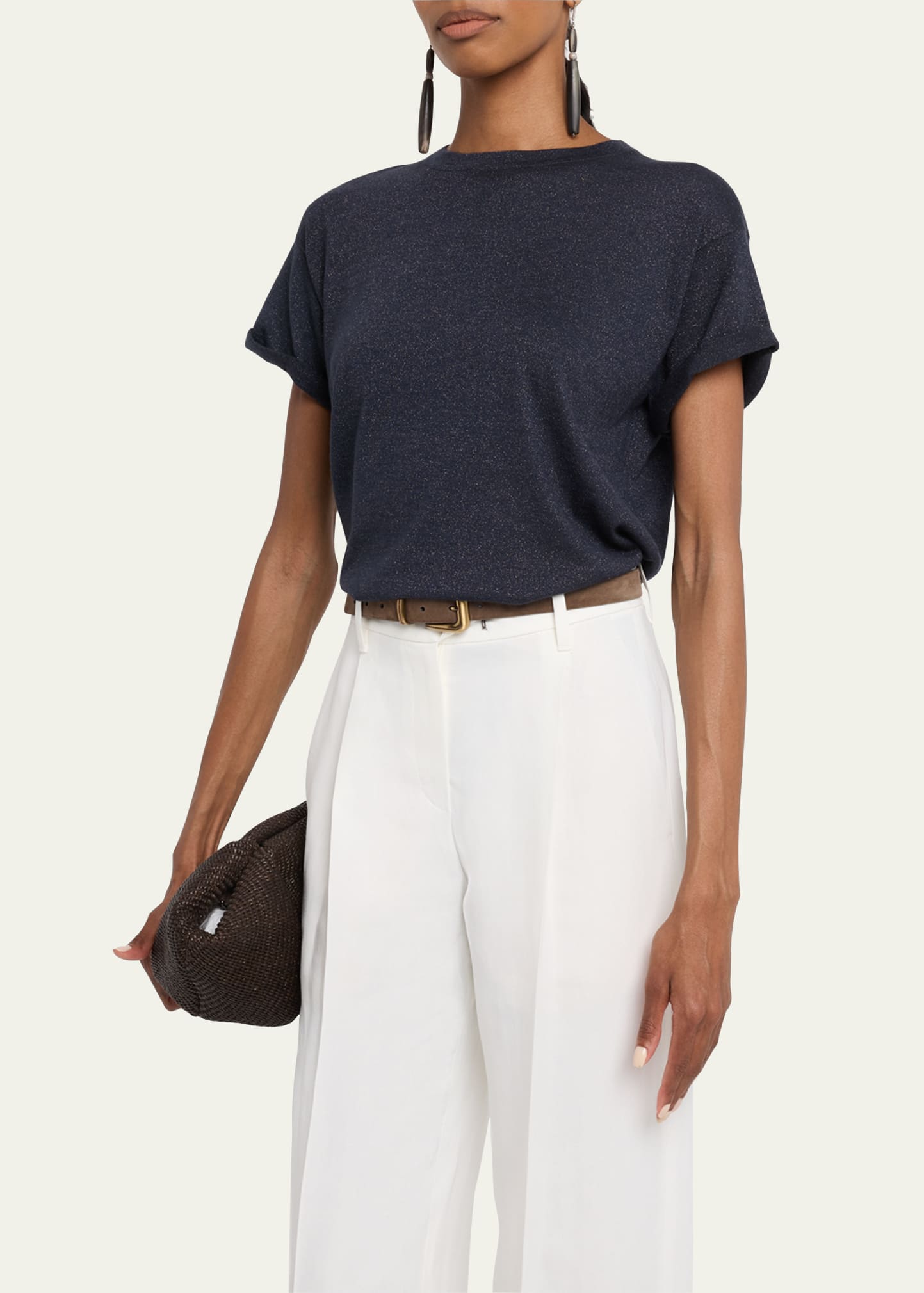Brunello Cucinelli Metallic Short-Sleeve Cashmere Silk T