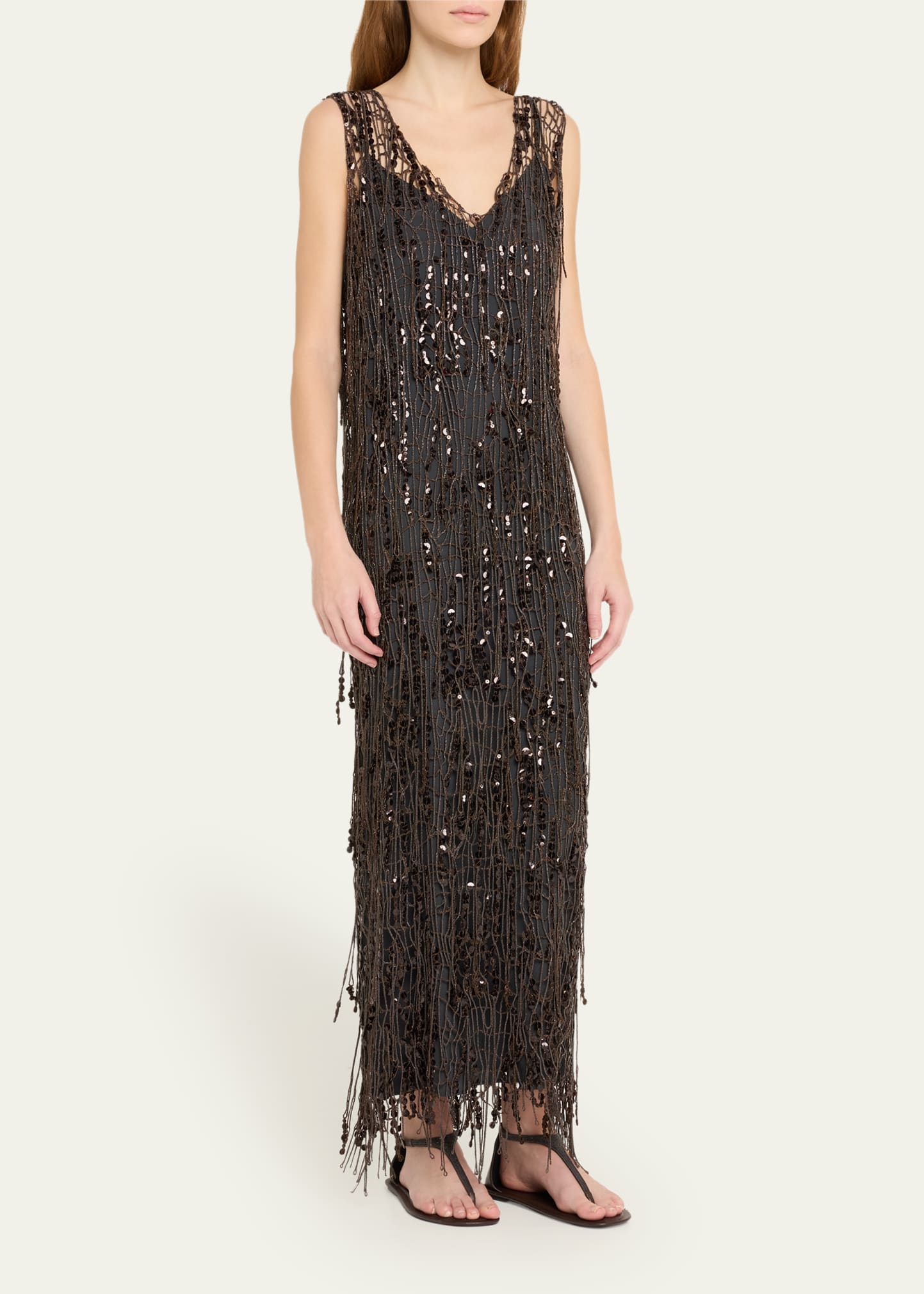 Brunello Cucinelli★素敵！Drop Waist Sequined Knit Dress BRUNELLO CUCINELLI Sequin-embellished open-knit cotton-blend