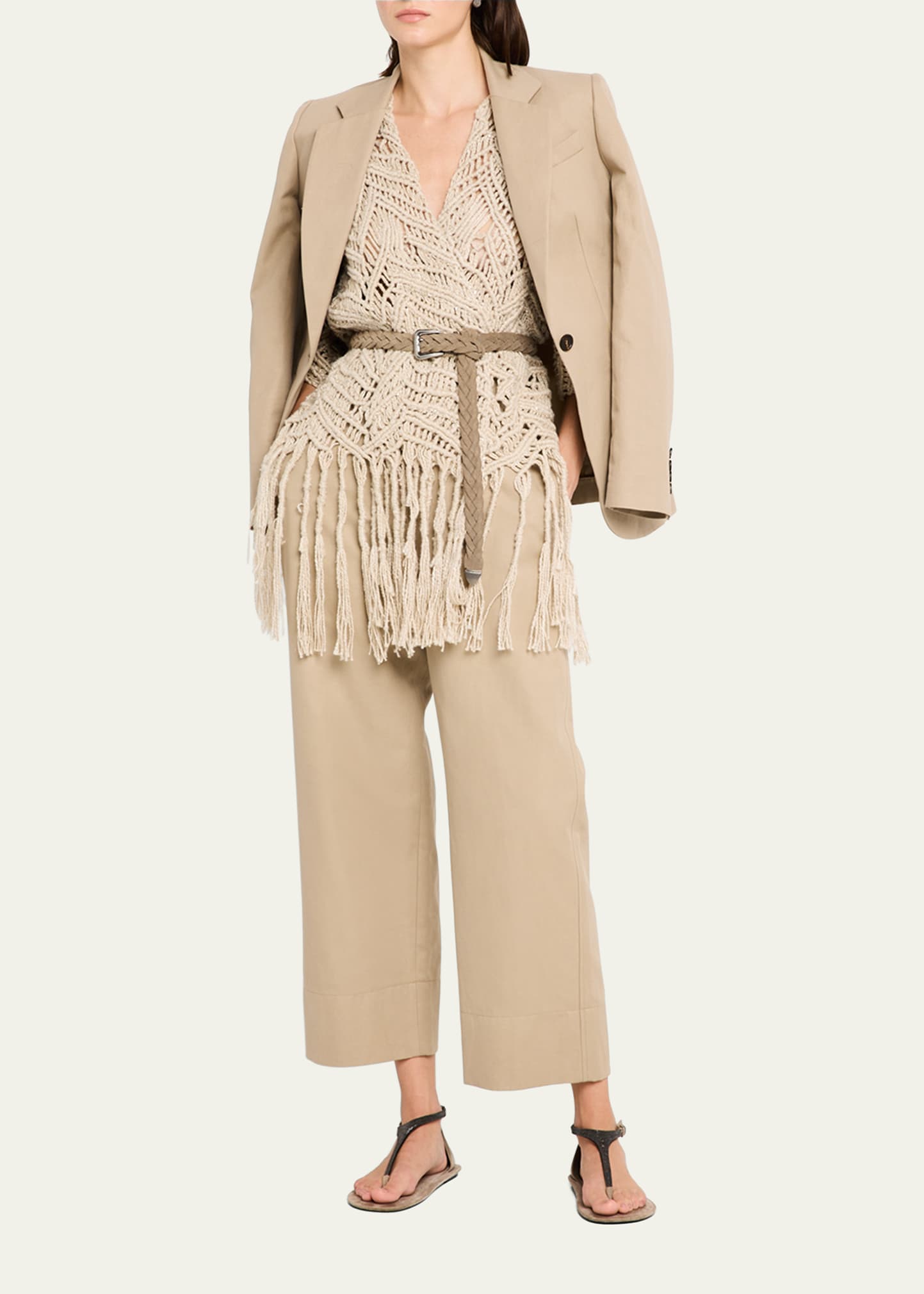 Brunello Cucinelli Cotton-Linen Wide-Leg Crop Chino Pants