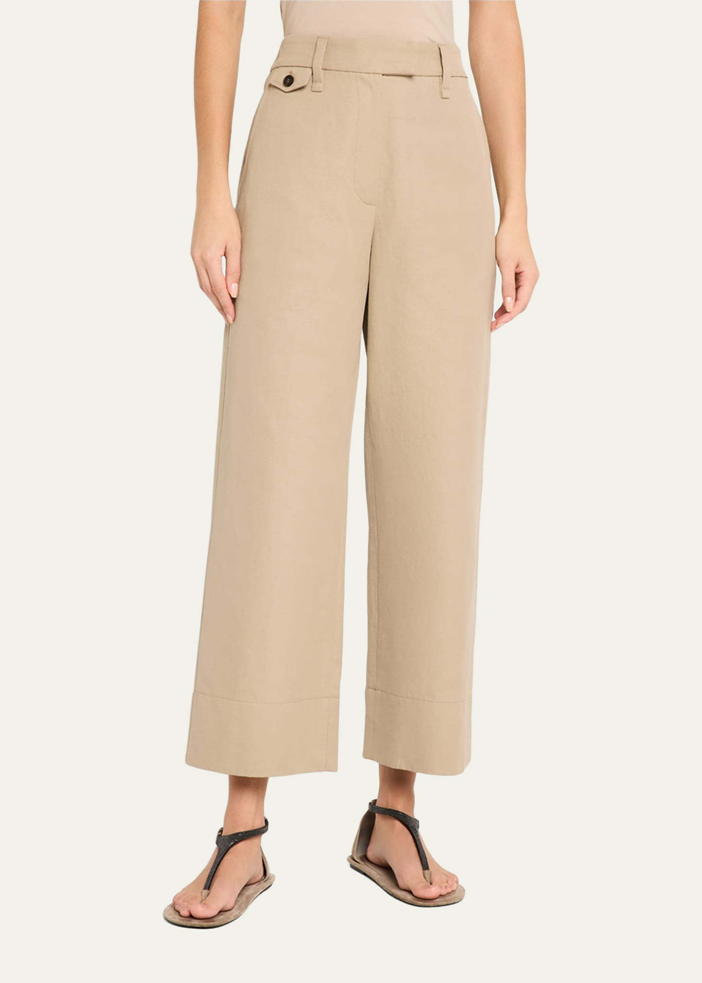 Brunello Cucinelli Cotton-Linen Wide-Leg Crop Chino Pants
