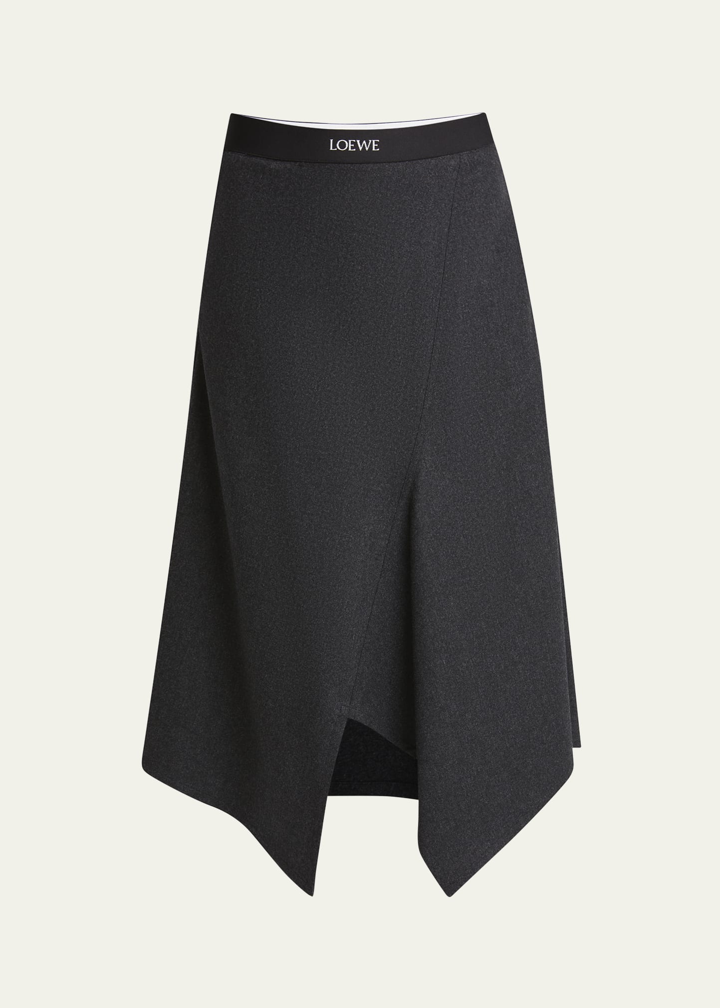 Loewe Logo Band Asymmetric Wool Cashmere Midi Skirt