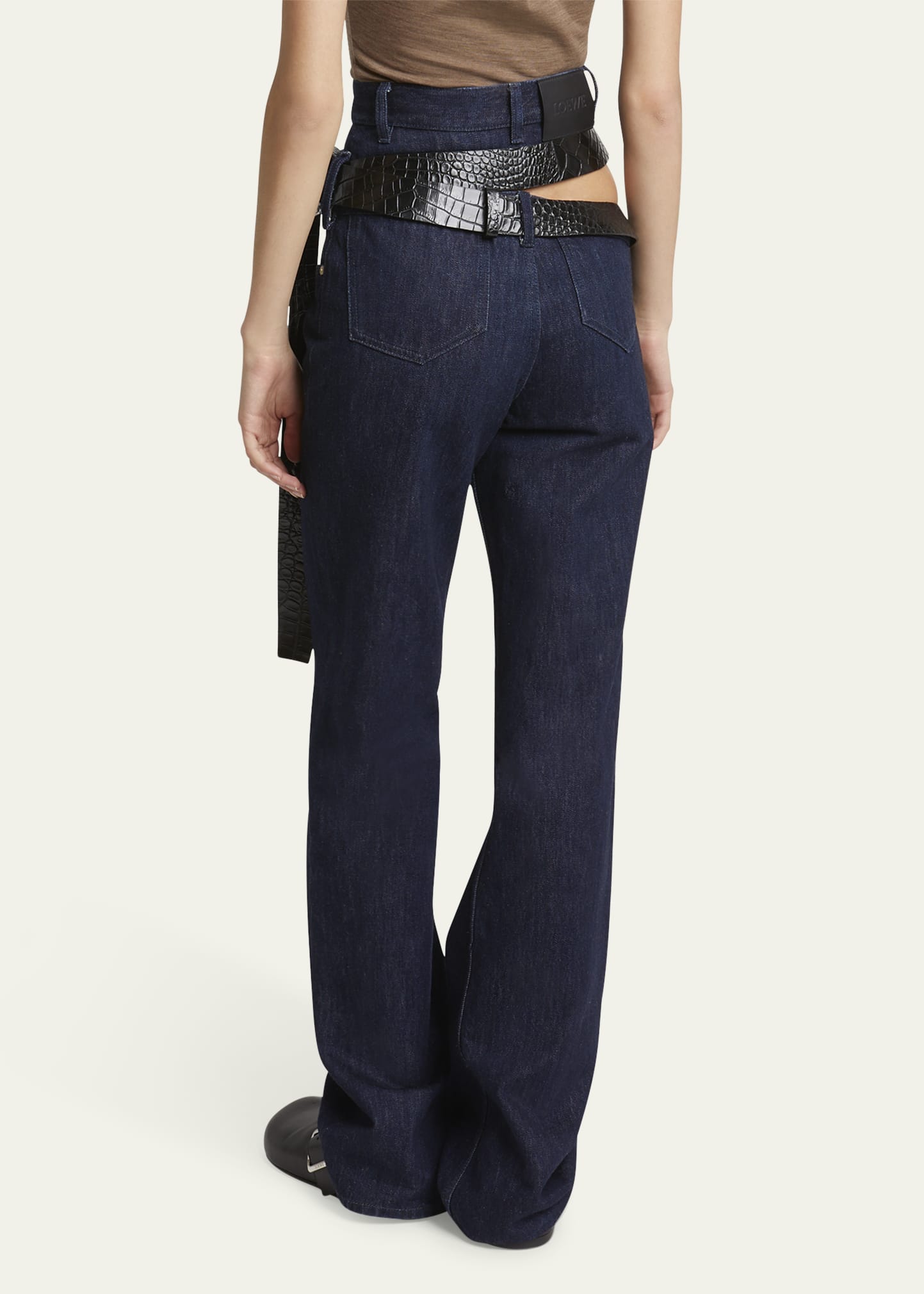 【23AW NEW】LOEWE_woman / カットアウト パンツ / Dark Blue Loewe Cutout Leather Belted Jeans - Bergdorf Goodman