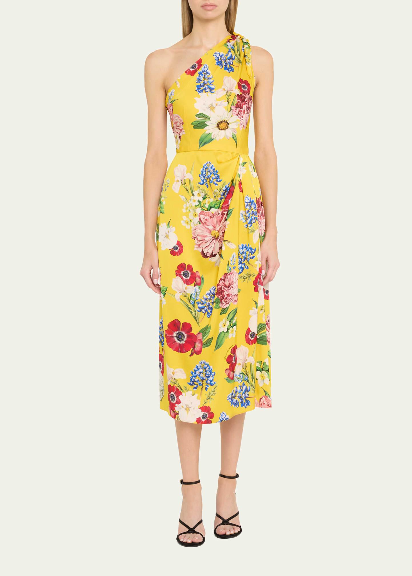 Dolce&Gabbana Floral Tie One-Shoulder Charmeuse Midi Dress
