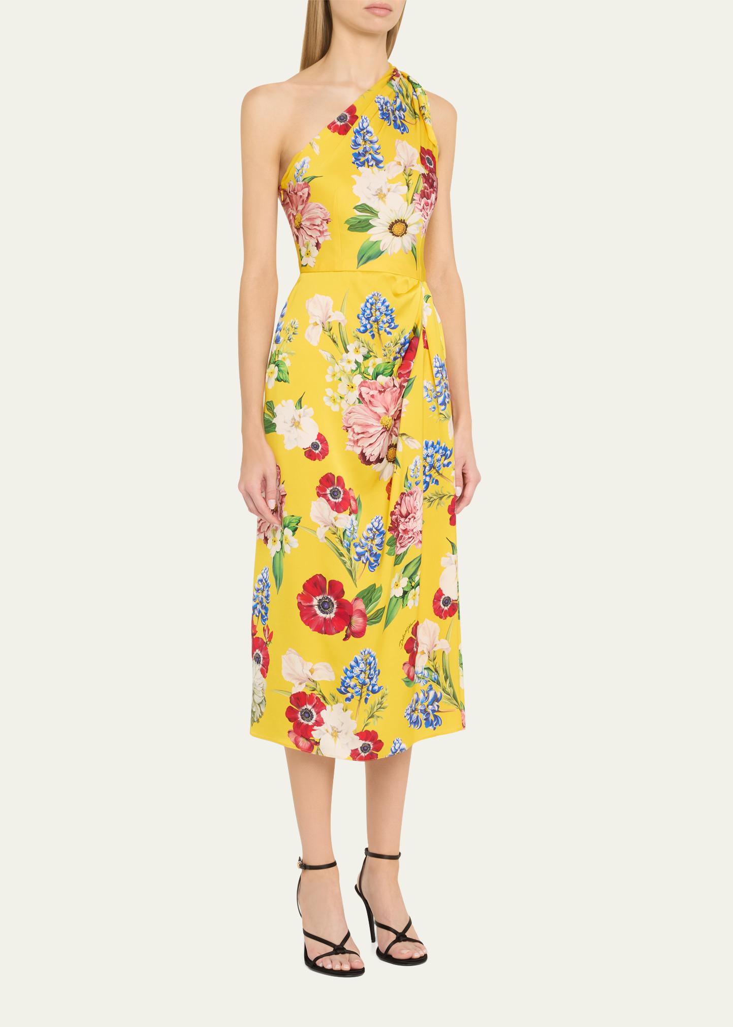 Dolce&Gabbana Floral Tie One-Shoulder Charmeuse Midi Dress