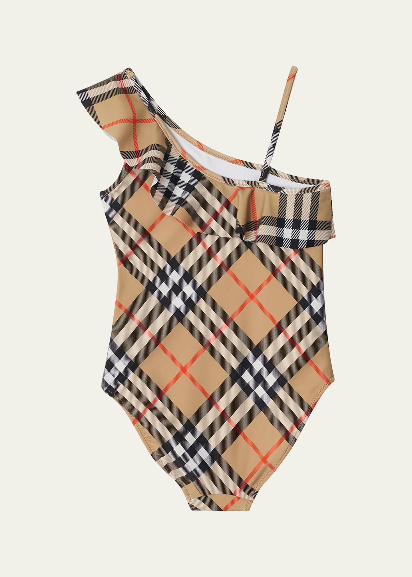 Burberry Girl's Fern Ruffled One-Shoulder Check One-Piece Swimsuit