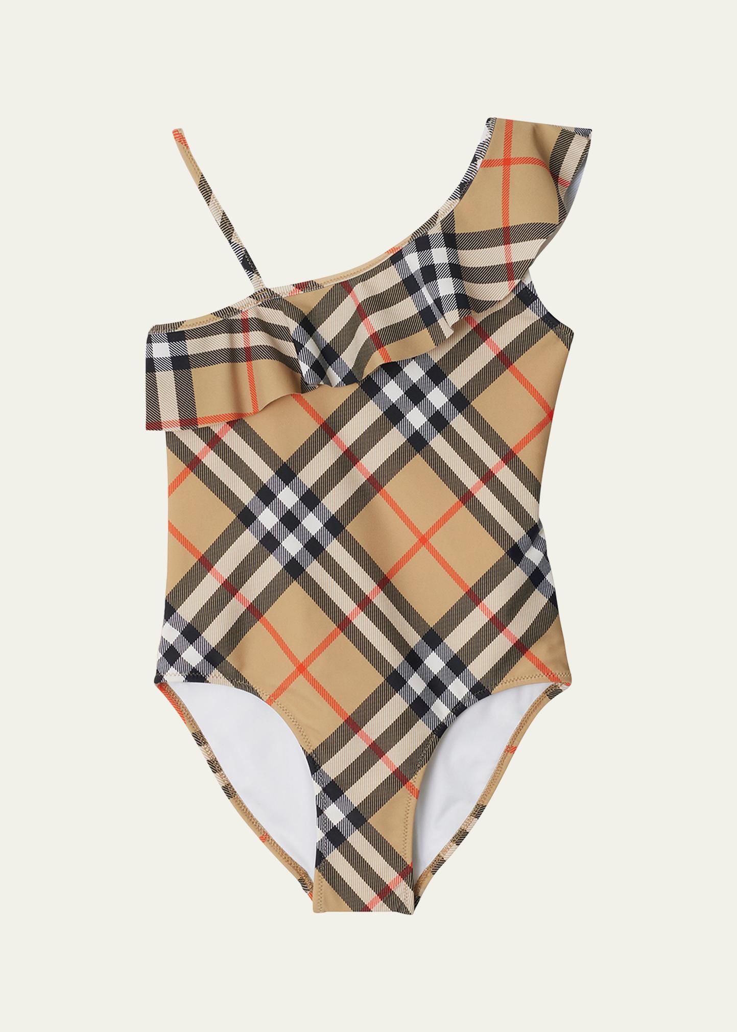Burberry Girl's Fern Ruffled One-Shoulder Check One-Piece Swimsuit