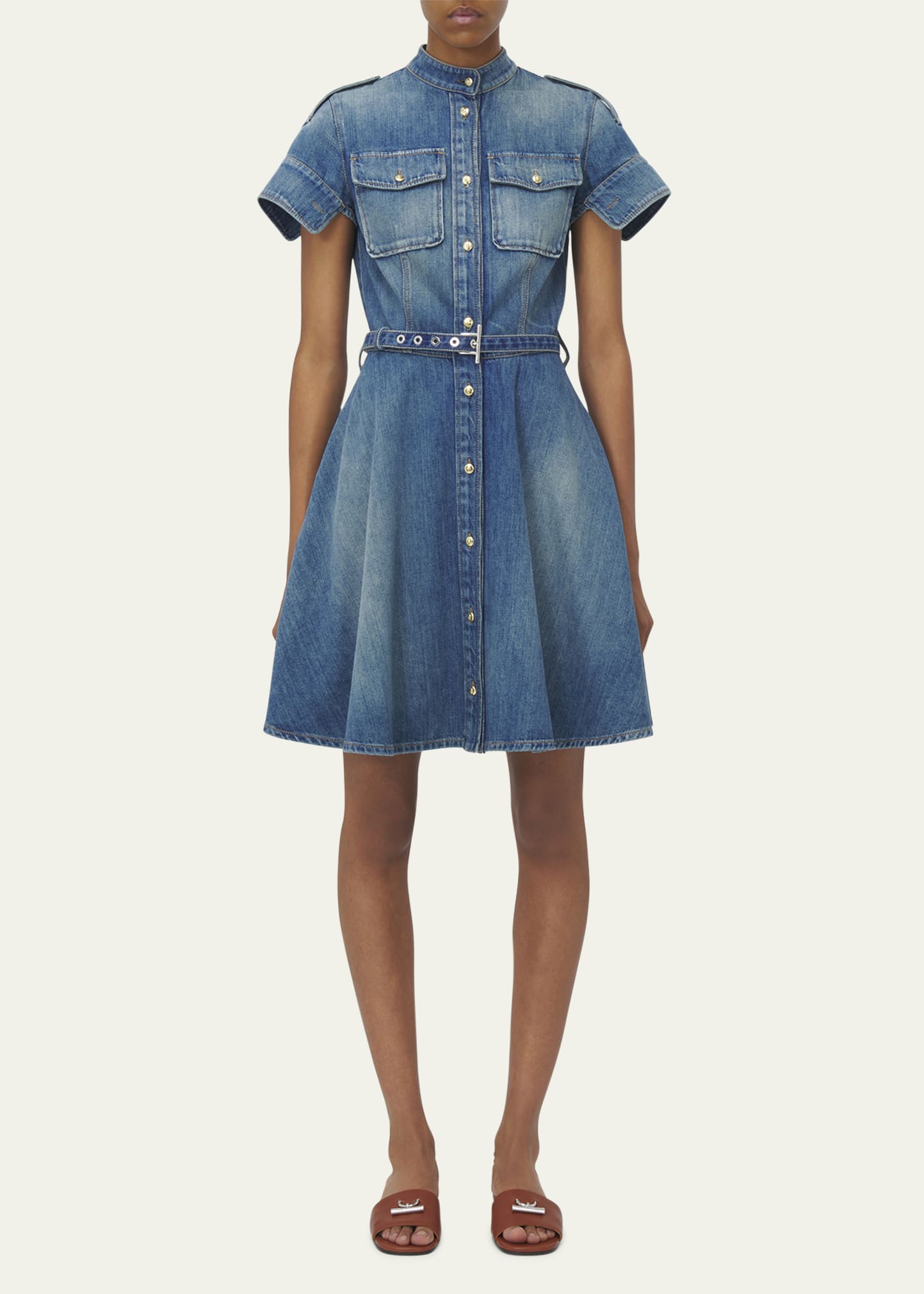 McQueen Short-Sleeve Belted Denim Mini Shirtdress - Bergdorf