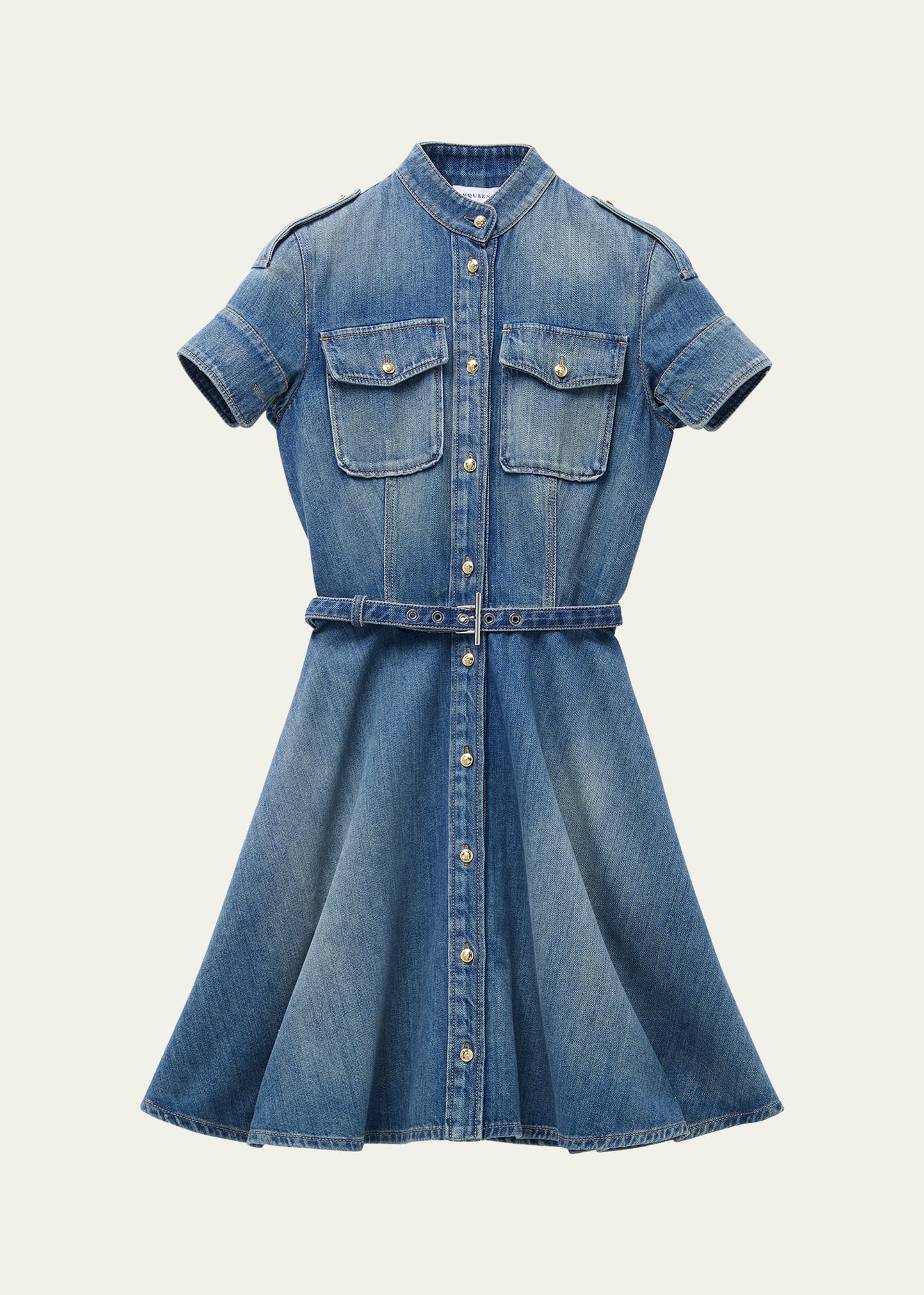 McQueen Short-Sleeve Belted Denim Mini Shirtdress - Bergdorf