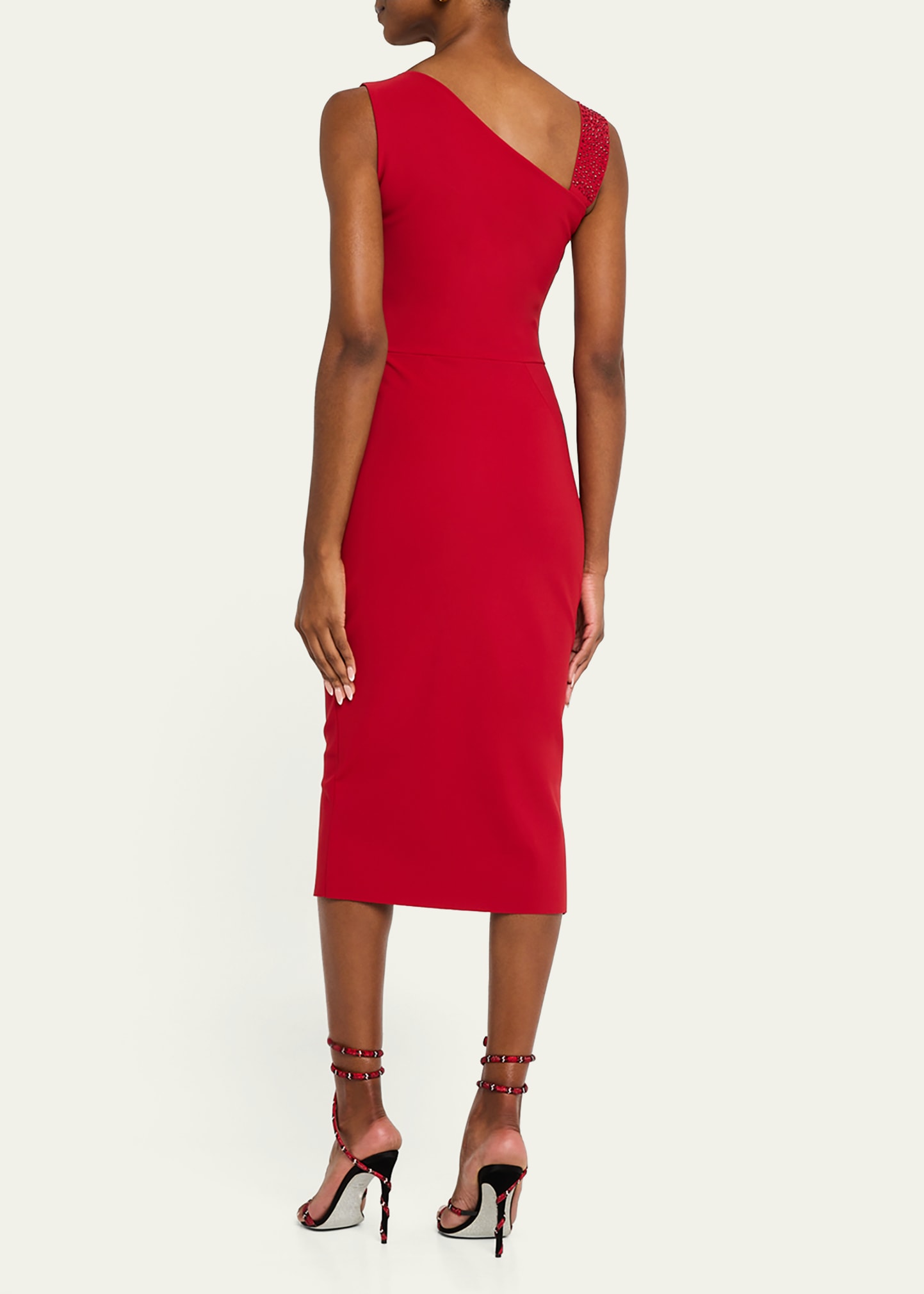 asymmetric rhinestone-strap bodycon midi dress