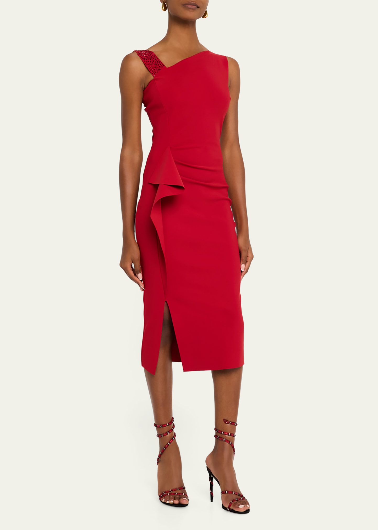 asymmetric rhinestone-strap bodycon midi dress
