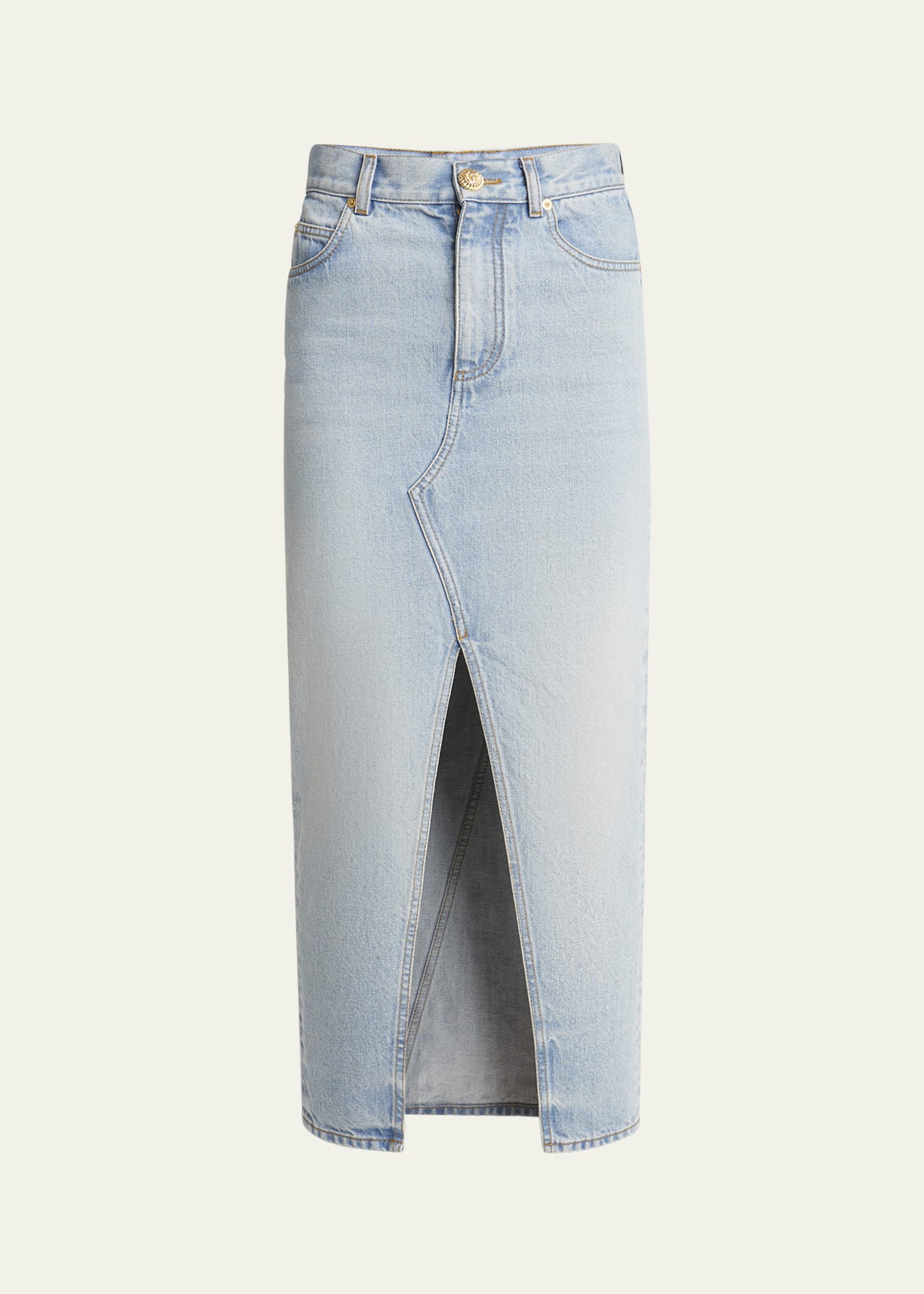 Balmain Pencil Denim Midi Skirt with Slit - Bergdorf Goodman