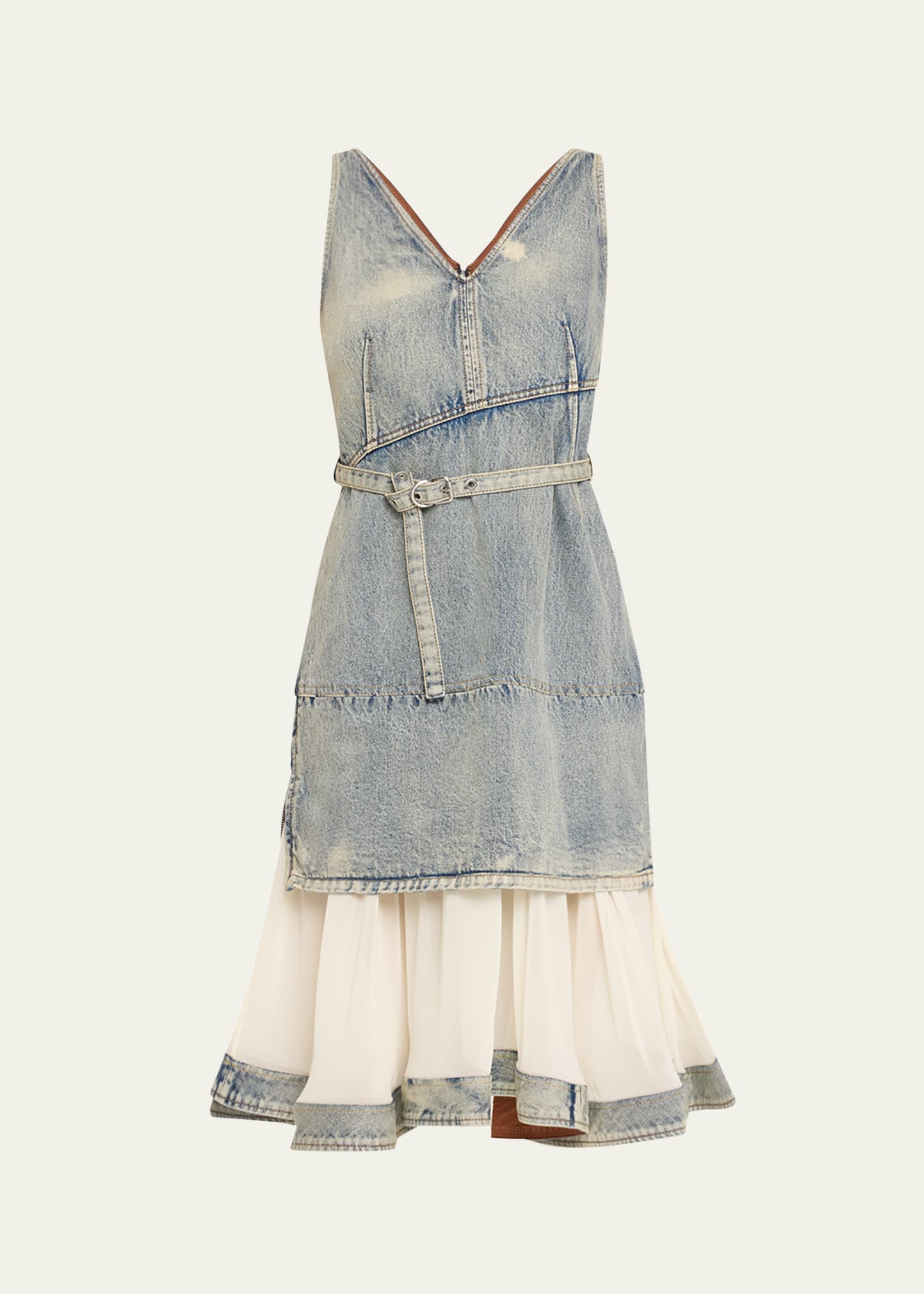 sleeveless belted denim chiffon combo dress