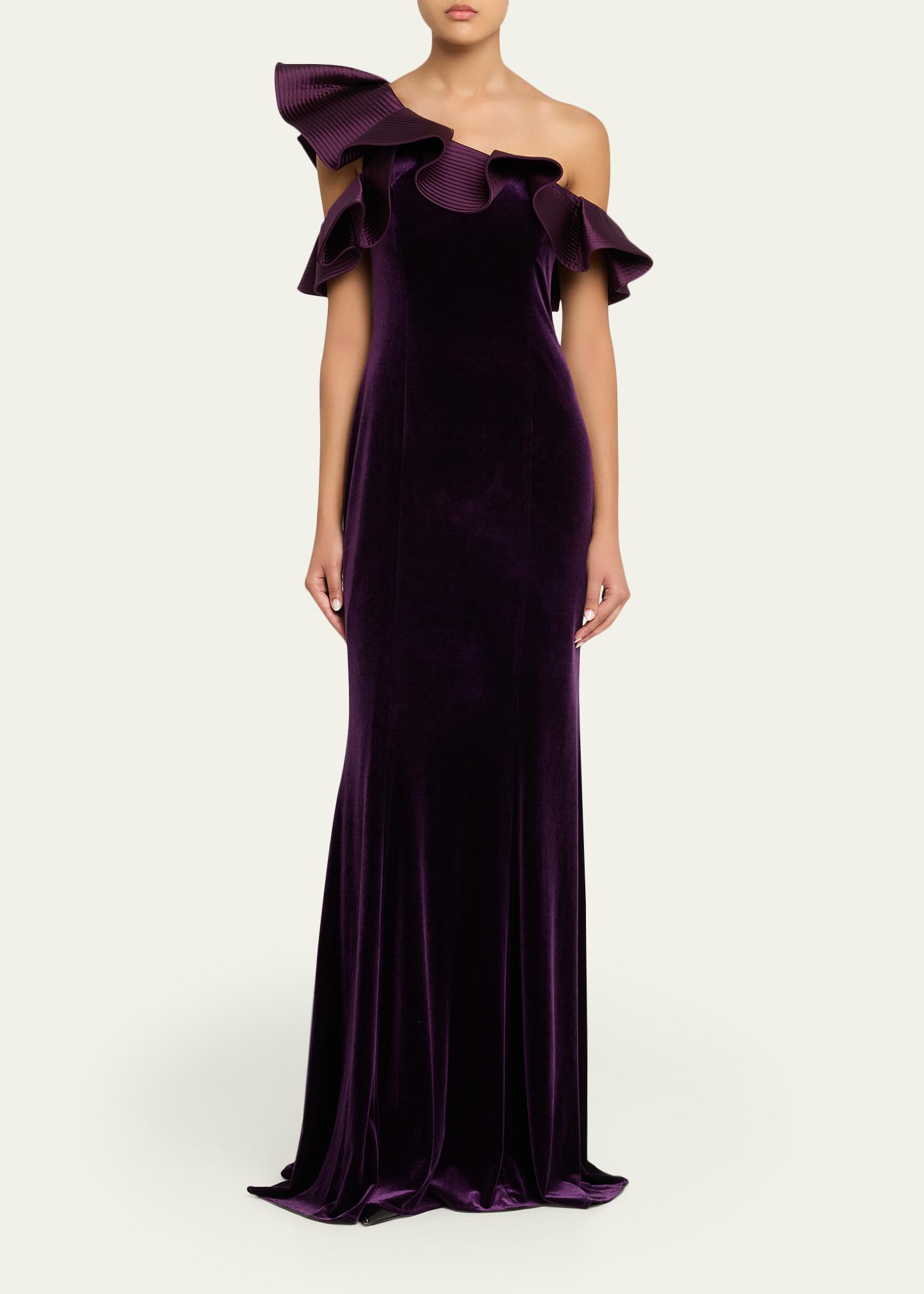 Rickie Freeman for Teri Jon One-Shoulder Ruffle Velvet Gown 