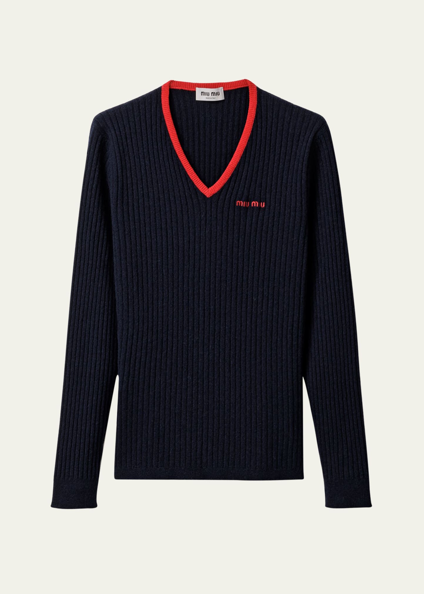 Miu Miu Ribbed V-Neck Long Sleeve Cashmere Sweater - Bergdorf Goodman