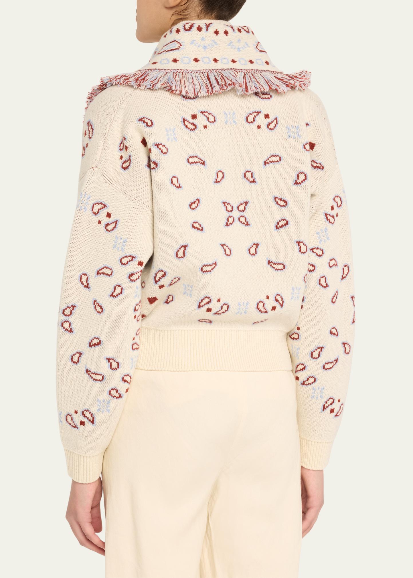 Alanui Jacquard Bandana Fringe Wool Cashmere Bomber Cardigan 