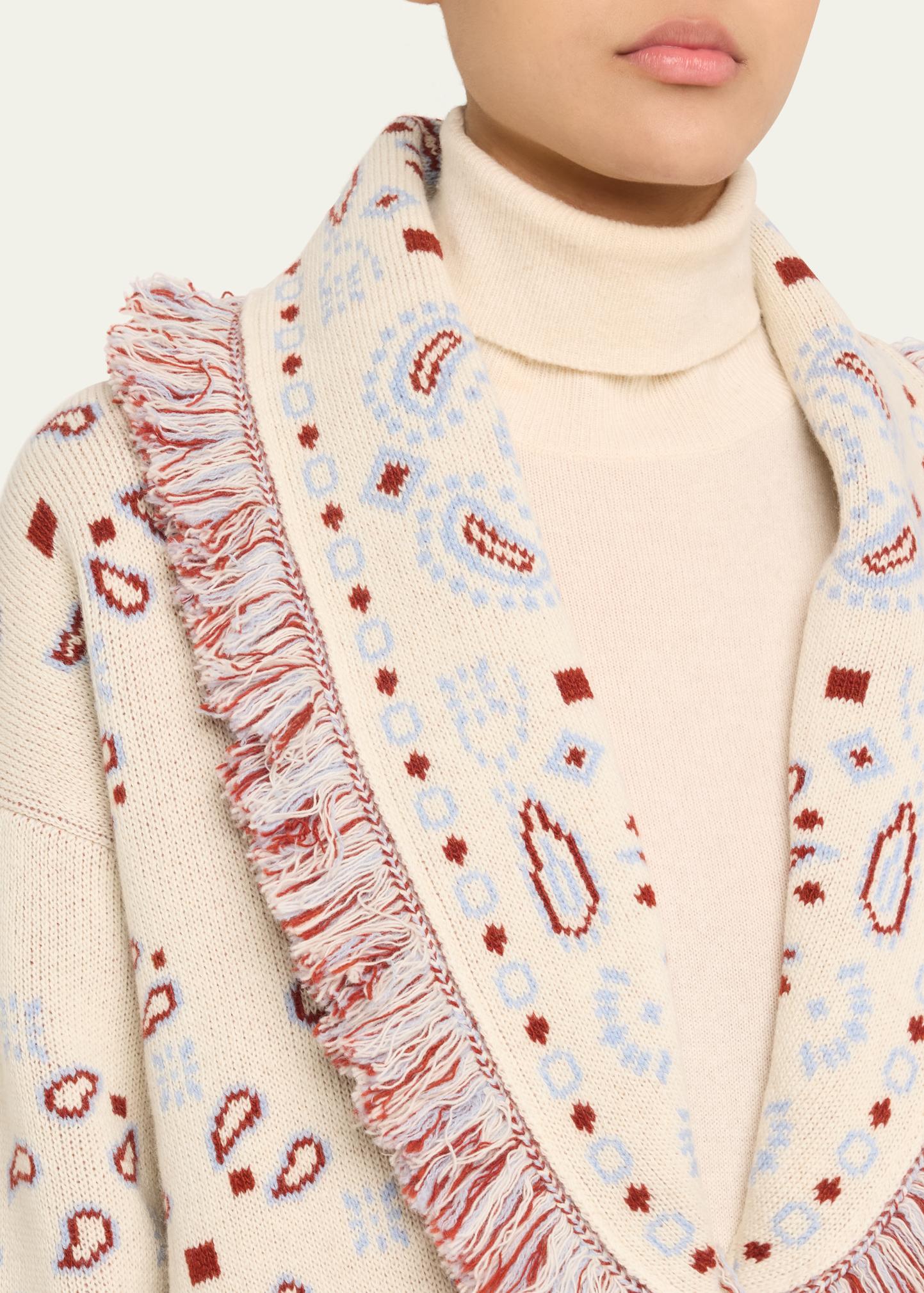 Alanui Jacquard Bandana Fringe Wool Cashmere Bomber Cardigan 