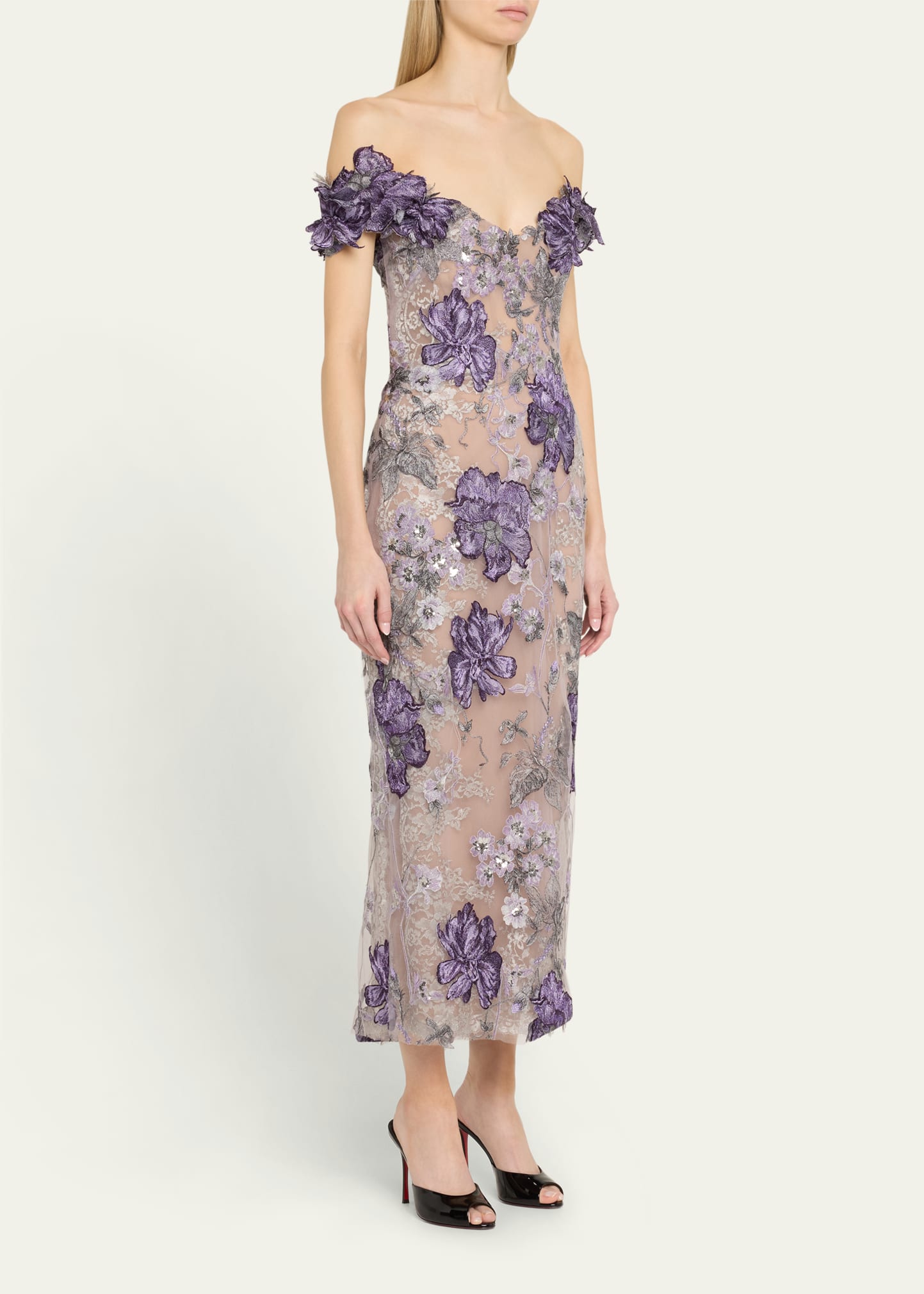marchesa cocktail dress Floral Printed Mikado Midi Dress