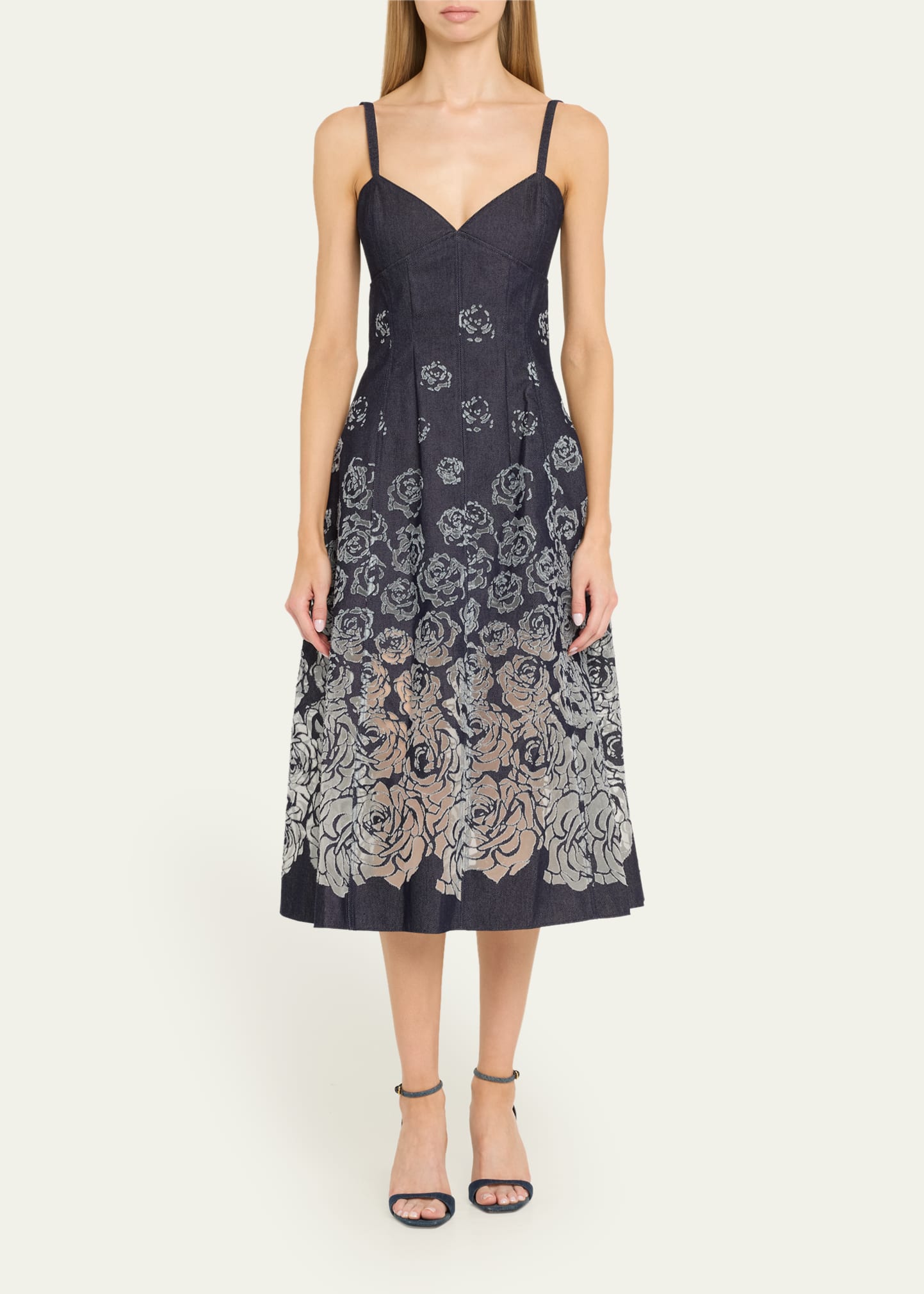 oscar de la renta denim dress Oscar De La Renta Zip Front Stretch Denim Midi Dress