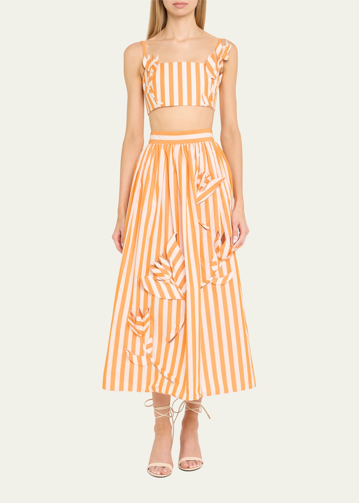 Oscar de la Renta Floral Cut Out Striped Cotton Maxi Skirt