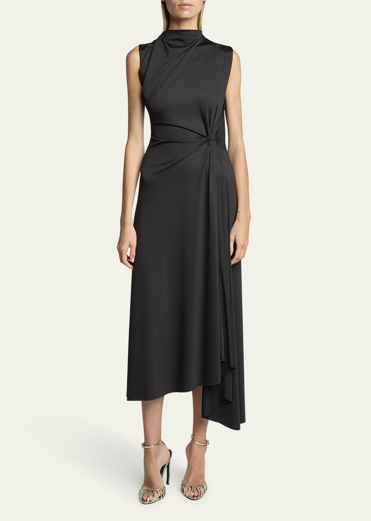 Victoria Beckham Twisted Knot Asymmetric Drape Midi Dress