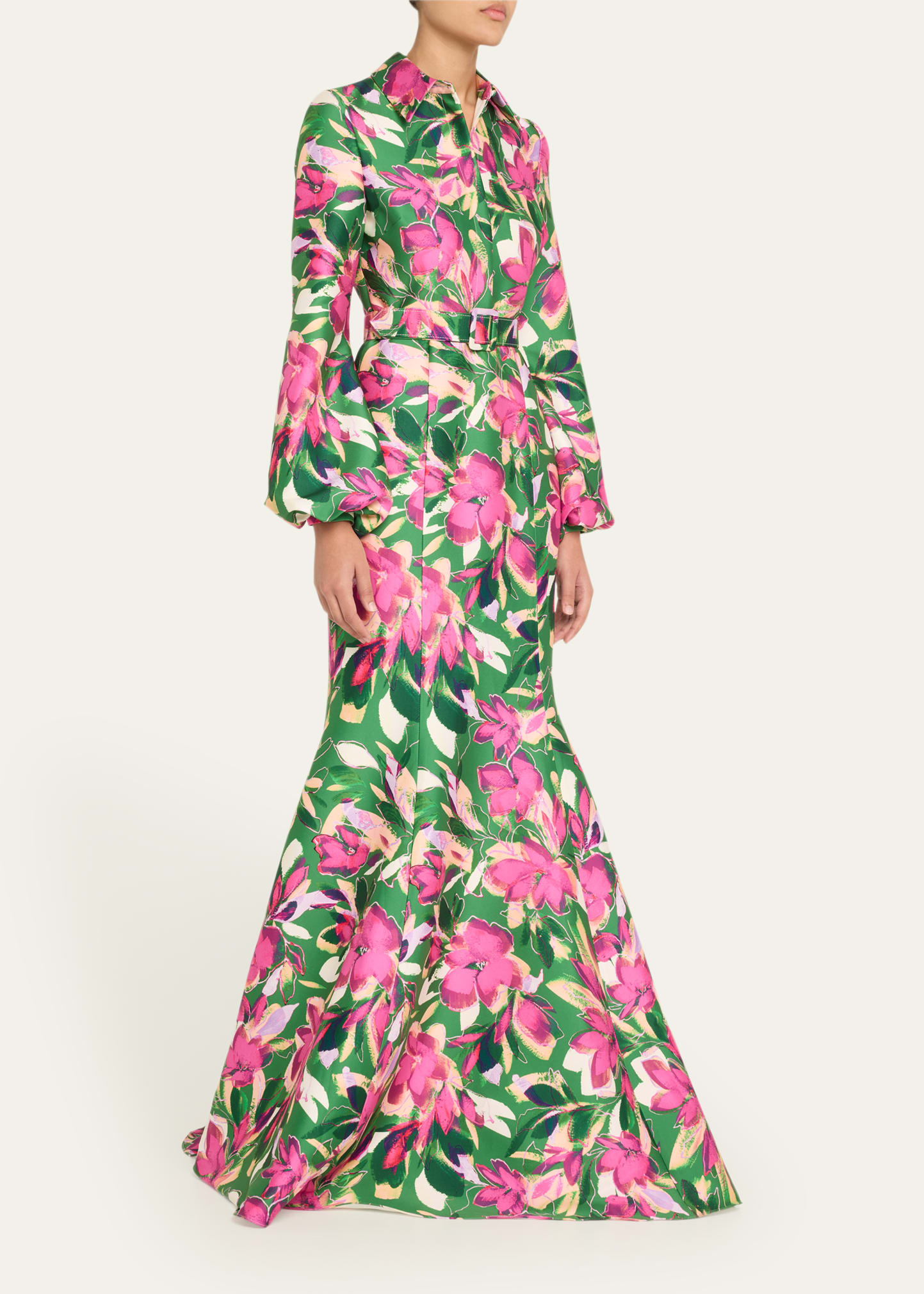 Badgley Mischka Collection Belted Floral-Print Mikado Shirt Gown - Bergdorf  Goodman