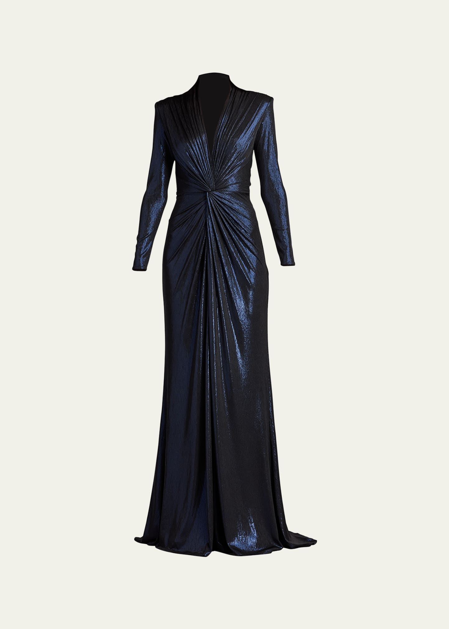 Twist-Front Metallic Jersey Column Gown