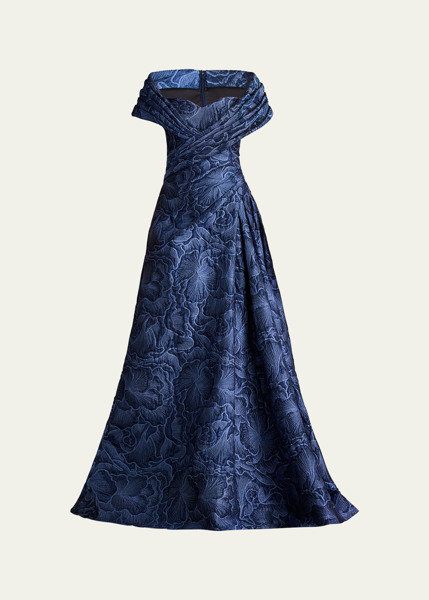 Pleated Off-Shoulder Floral Jacquard Gown