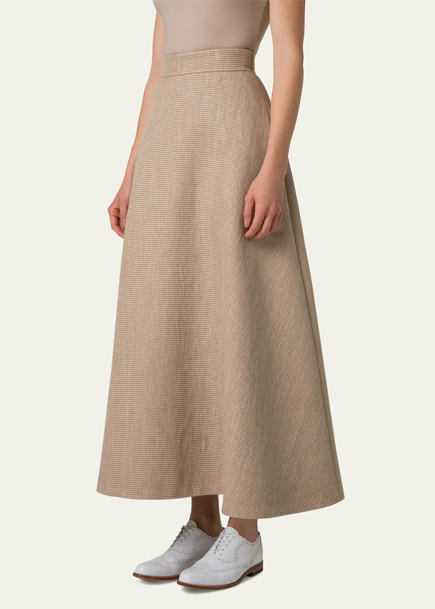 Akris Flared Raffia Leather Trim Midi Skirt - Bergdorf Goodman