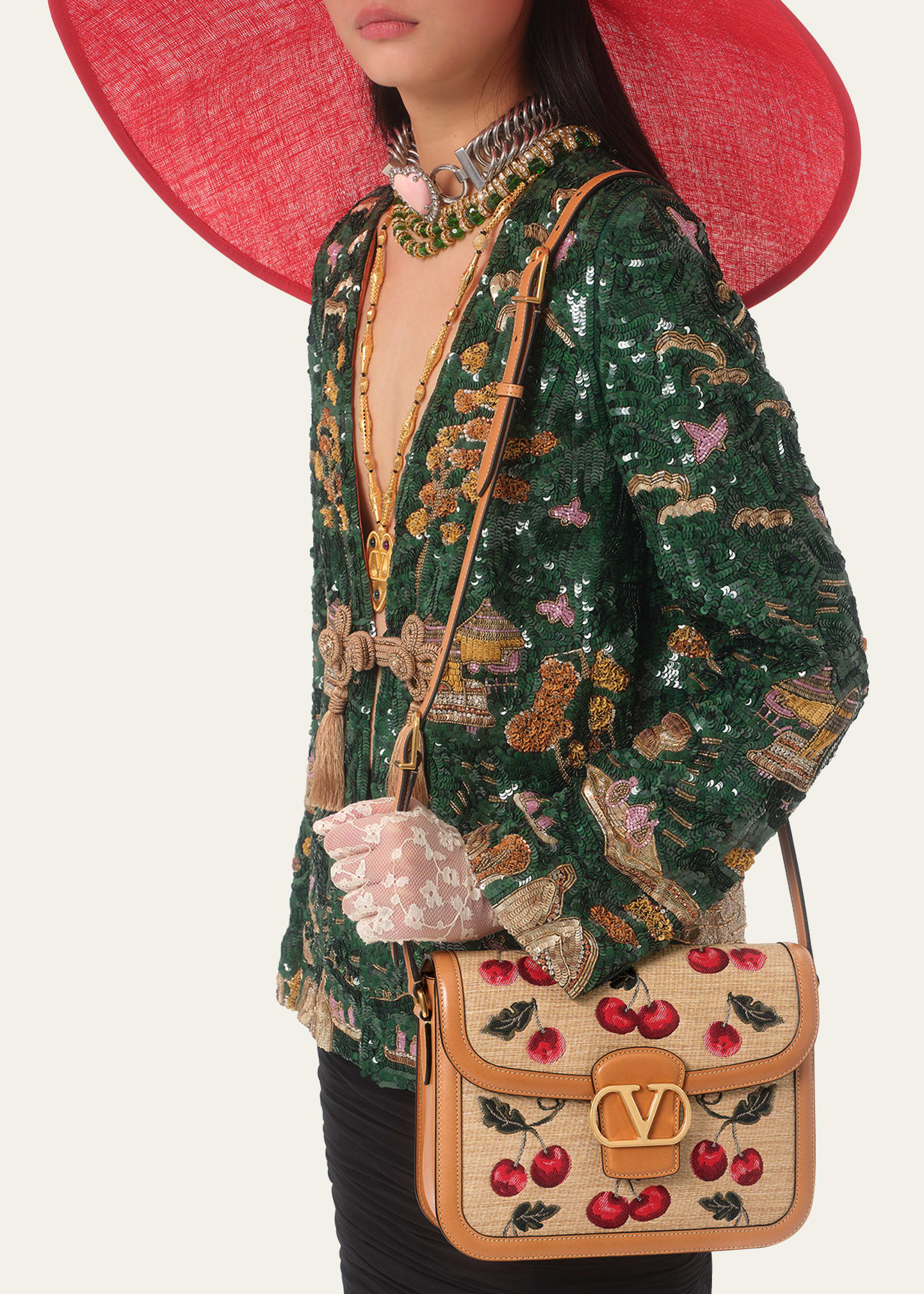 Valentino Garavani 9 to 5 Cherries Jacquard Saddle Crossbody Bag