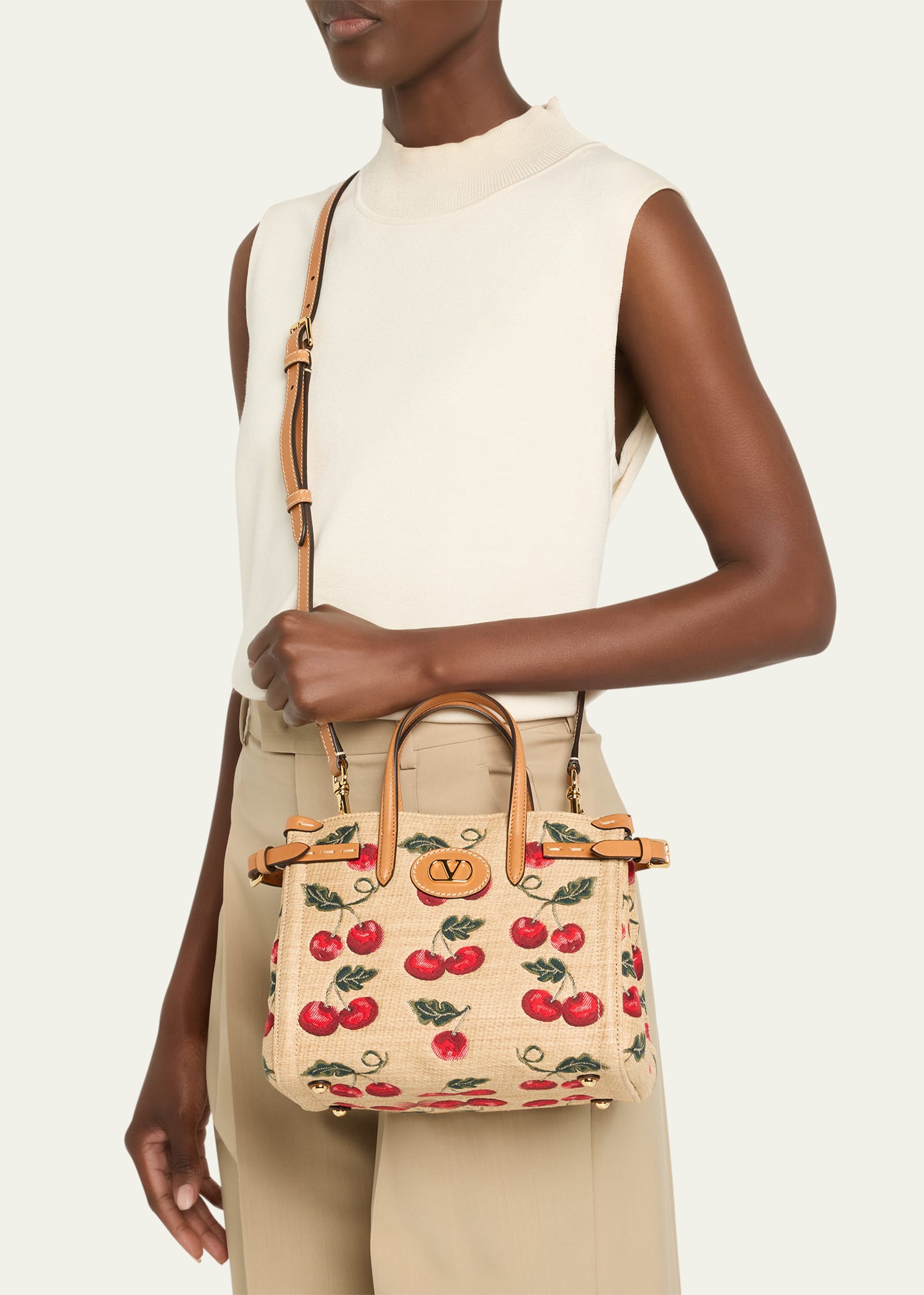 Valentino Garavani Antibes Small Raffia Cherry Jacquard Tote